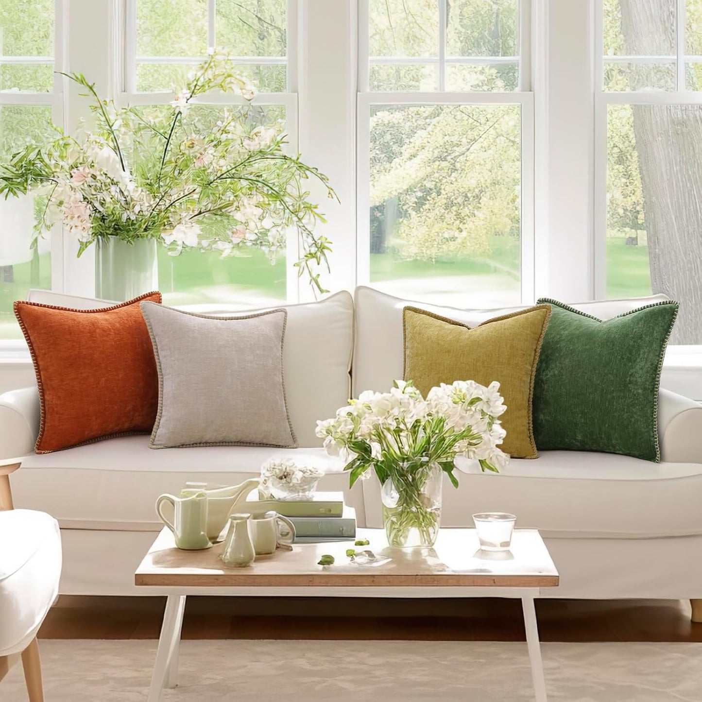 decorUhome Chenille Soft Throw Pillow Covers 26x26 Set of 2, Farmhouse Velvet Neutral Decorative Euro Pillow Covers with Stitched Edge for Couch Sofa Bed Home Decor, Mineral Yellow