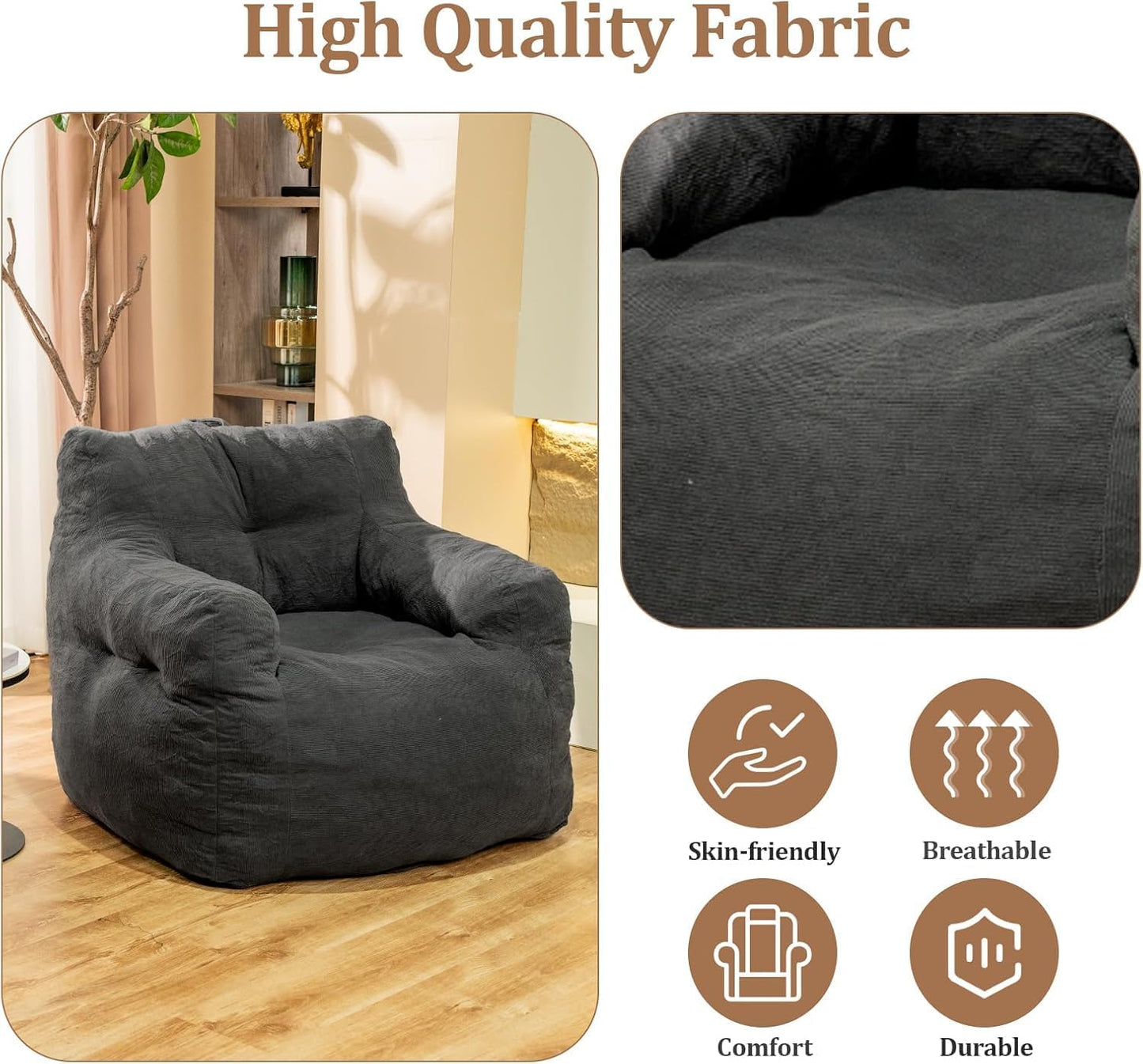 Bean Bag Chairs for Adults Ergonomic Support Reading Floor Sofa Chair with Filler Spacious (Grey) (Standard)