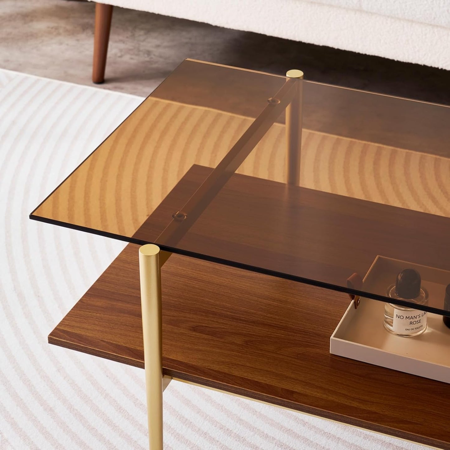 Rectangle Coffee Table, Mid-Century Modern Design, L41 W21 x H17, for Living Room, 2-Tier Structure, Amber Glass Top and Walnut MDF Shelf, Sleek Conical Metal Legs with Gold Finish