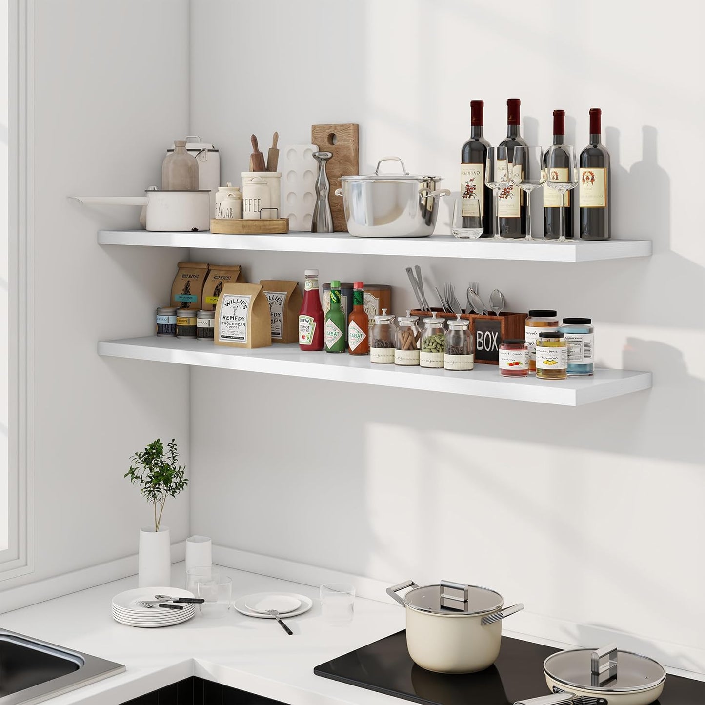 55" Floating Shelves for Wall, 12" Deep Slim White Floating Shelves, Wall-Mounted Shelves for Bedroom, Living Room, Kitchen, Bathroom - Set of 2