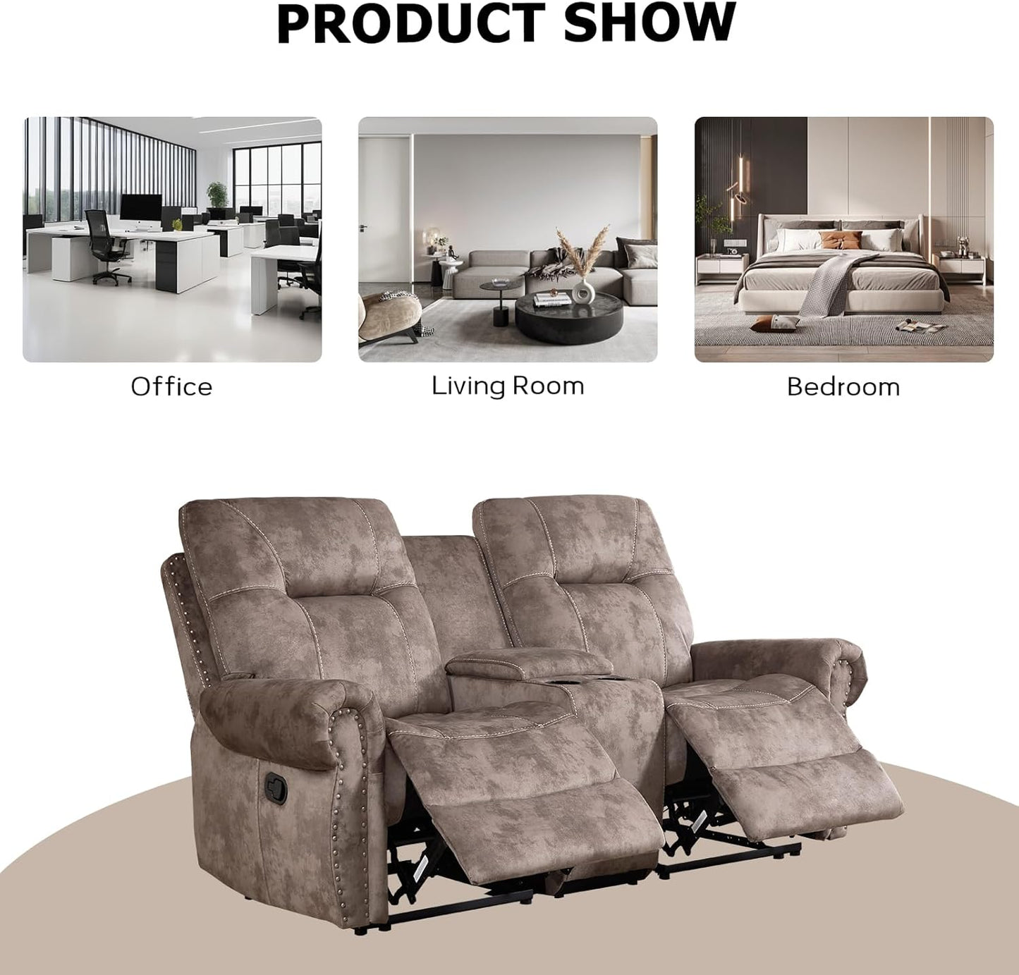 EBELLO Manual Recliner Loveseat Sofa, 2 Seater Reclining Couch Chair with Center Console, Hidden Storage and Cup Holders, Vintage Rivet Mid-Century Design for Living Room, Meeting Room, Brown