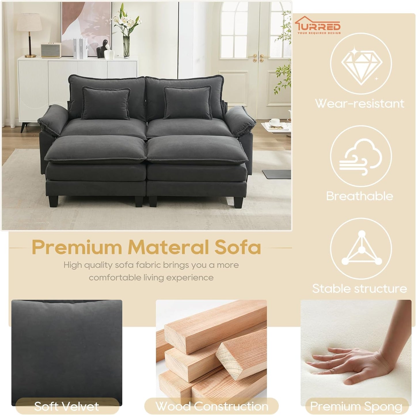 URRED Modular Sectional Sofa Comfy Cloud Couch, Modern Velvet Sofa Sleeper Deep Seat Couches with Ottoman/Pillows for Living Room (Dark Gray, 82.6''- 2 Ottomans)