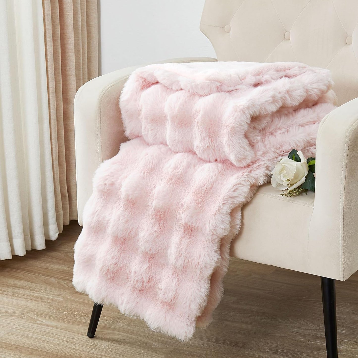 DREAMNINE Large Soft Thick Fuzzy Bubble Faux Rabbit Fur Bed Blanket Full Size 70" x 80",Lovely Big Warm Shaggy Fluffy Blankets for Winter,Solid Luxury Cozy Cute Bumpy Furry Blanket for Women Girl,Pink