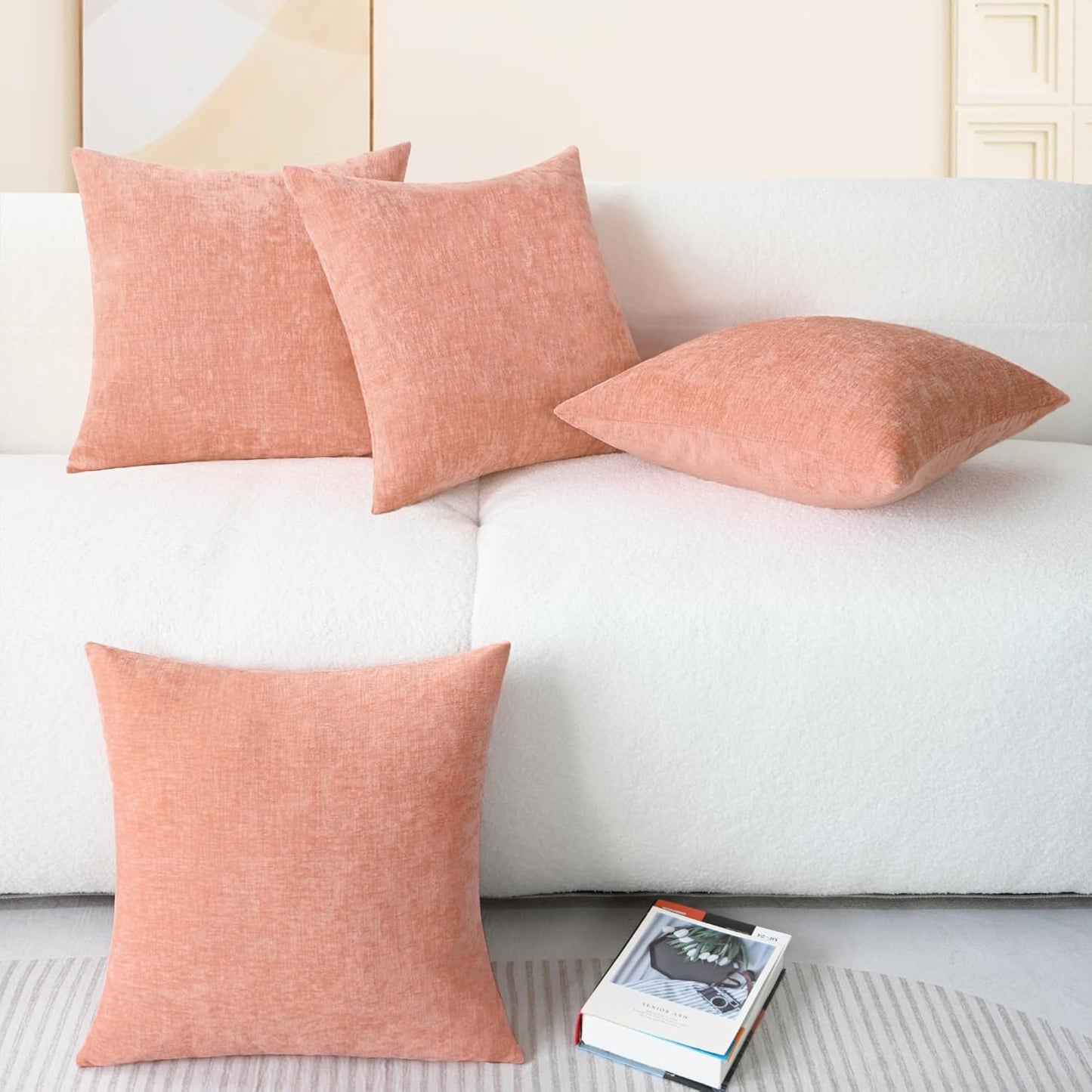 CaliTime Throw Pillow Covers Decorative 18 X 18 Inches Pack of 4 Cozy Chenille Cushion Cases for Couch Sofa Bed Living Room Home Dusty Pink