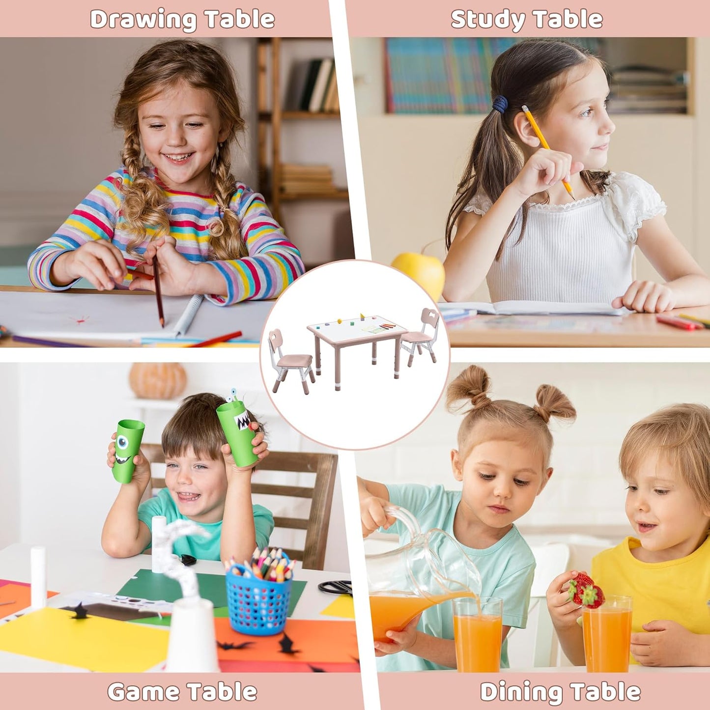 Kids Table and 2 Chairs Set, Height Adjustable (17.7"-26.1") Toddler Table and Chair Set, Multi-Activity Table with Graffiti Desktop, Children’s Table and Chairs for Classroom, Home & Daycare