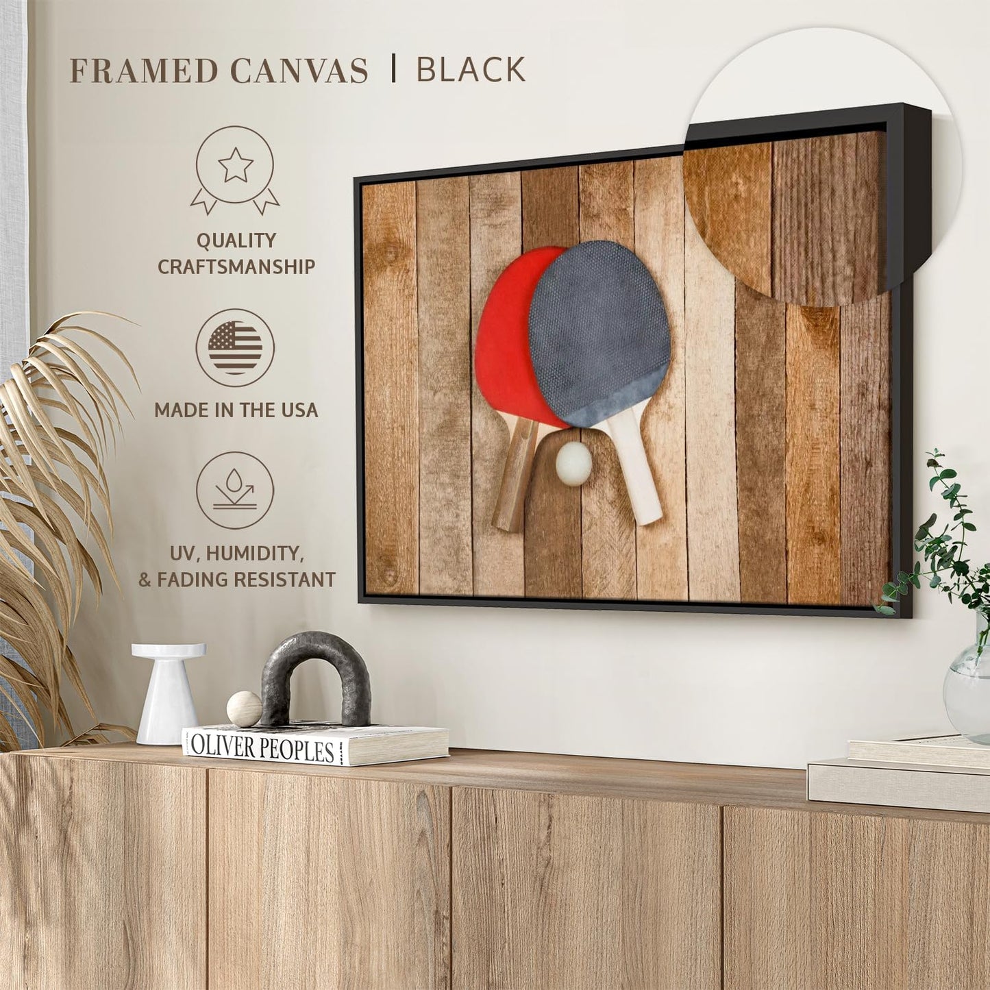 ElephantStock Ping Pong Wall Art - Horizontal Framed Canvas - 1-Piece Living Room Wall Decor - Photography Canvas Print - Brown and Red Decor for Wall - 13" X 9"