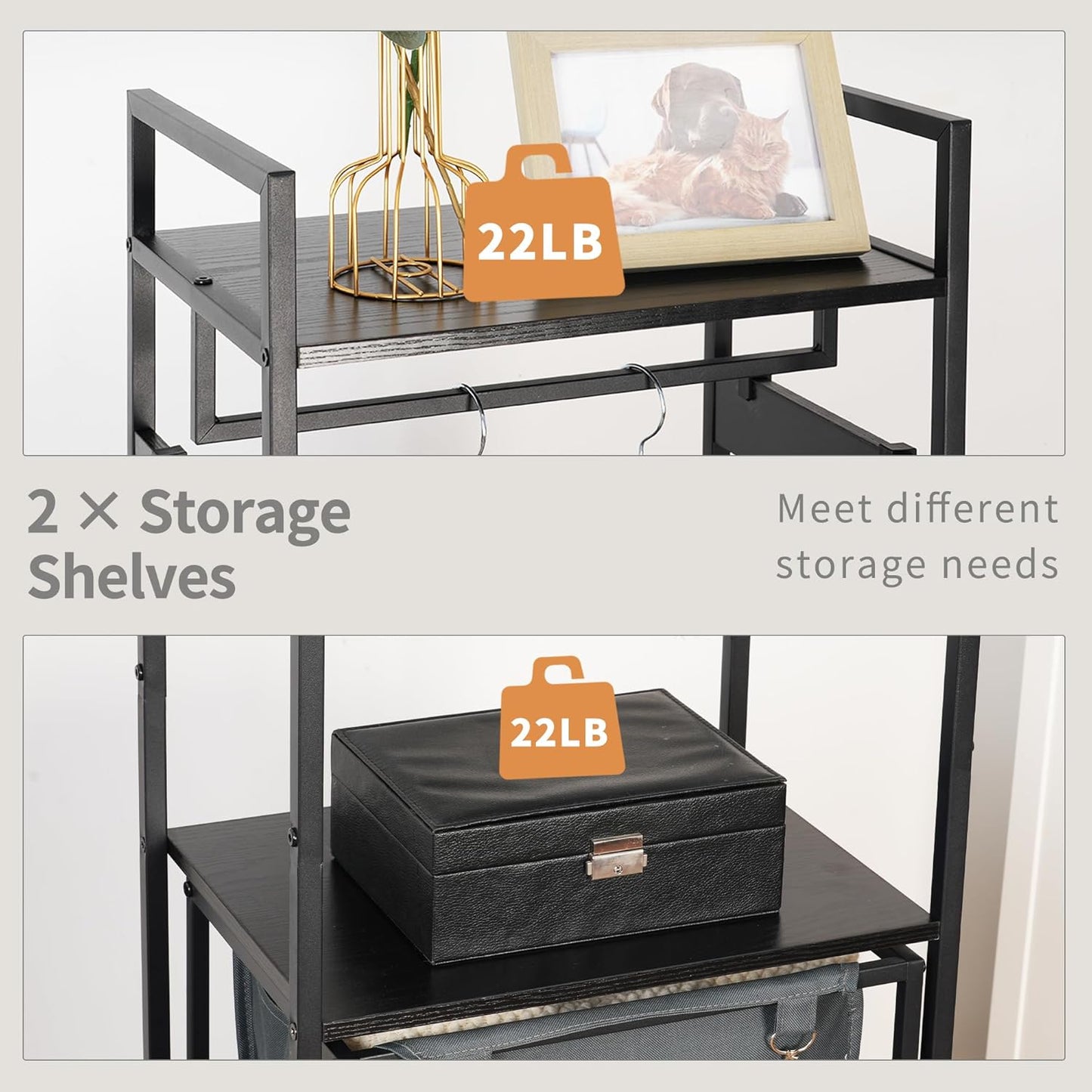 Coat Rack with Laundry Basket, Laundry Hamper Freestanding Hall Tree, Clothes Rack with Storage Shelves, 14.5 Gal Removable Bags on Wheels, Black JLH005B