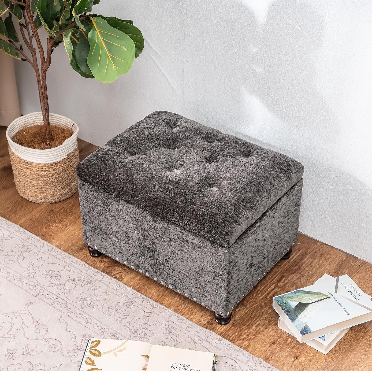 Joveco Storage Ottoman Bench, Rectangle 24" Velvet Foot Rest Stool Square Footstool for Living Room, Bedroom, Charcoal Grey