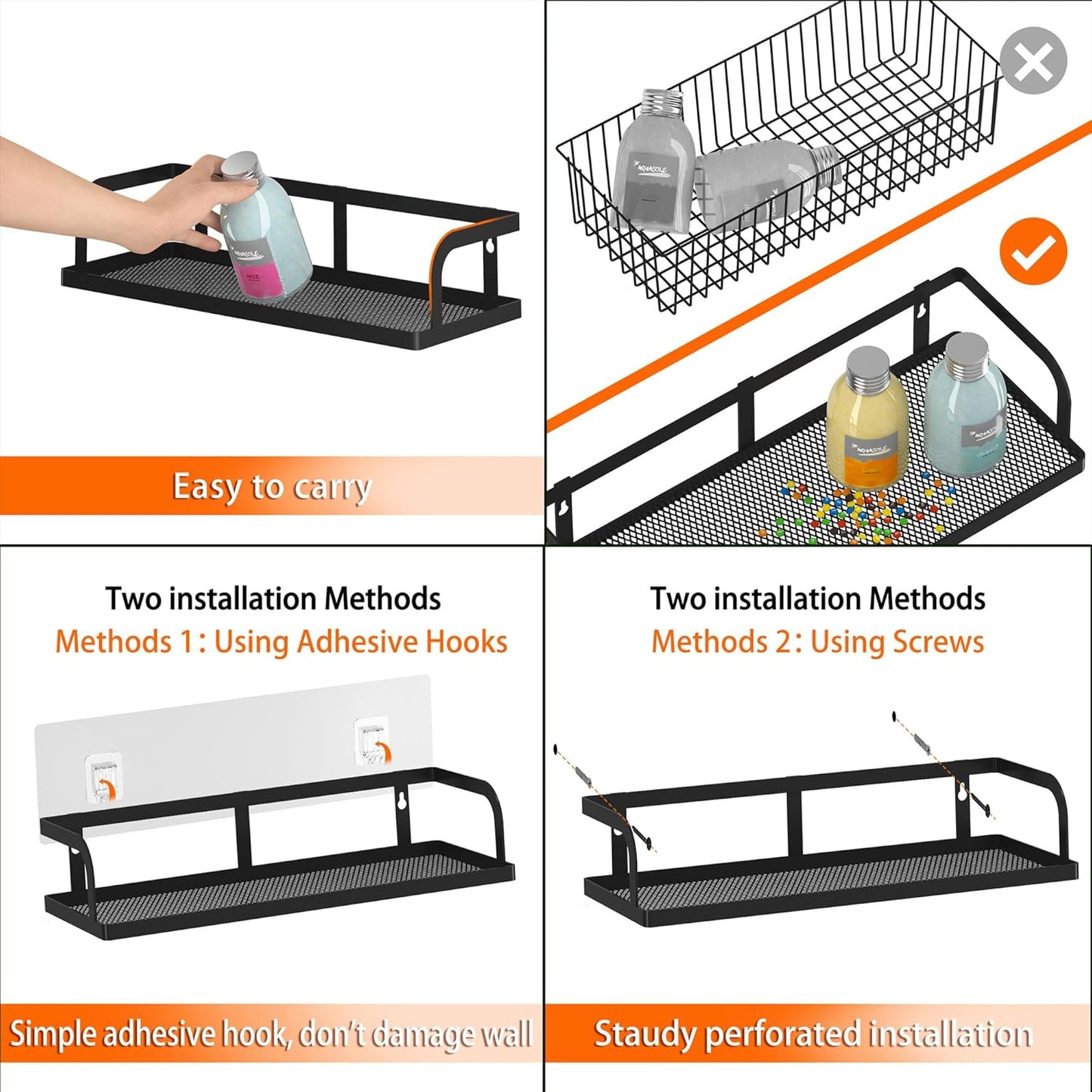 PUSDON Hanging Storage Baskets Organizer Wall Mount, Metal Wire Storage Bin Rack for Kitchen Bathroom Shower Spice Shelf Home Decor Essentials Black-2 Packs (Hollowout)