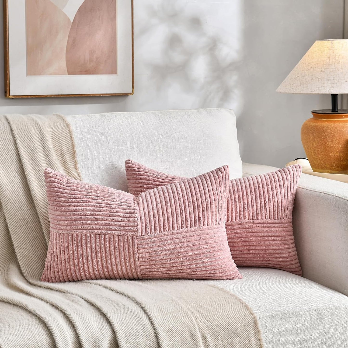 Fancy Homi 2 Packs Blush Pink Long Lumbar Decorative Throw Pillow Covers 12x24 Inch for Couch Bed Sofa, Rustic Farmhouse Boho Home Decor, Soft Striped Corduroy Rectangle Accent Cushion Case 30x60 cm