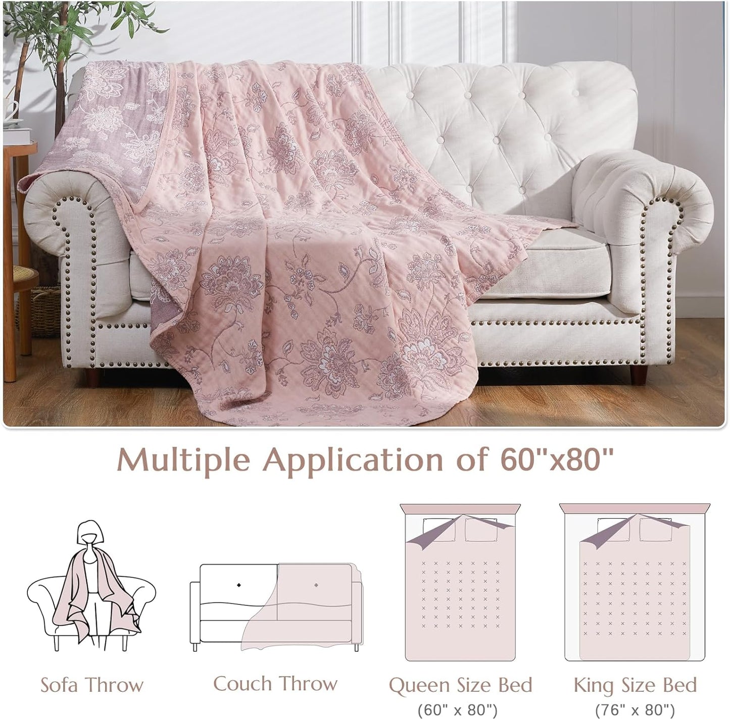 jinchan Boho 100% Cotton Muslin Twin Size 60x80 Inches Blanket Lightweight 4-Layer Quilted Soft Pink Red Floral Throw Blanket Reversible Comfy Flower Breathable All Seasons Couch Bedroom Decor
