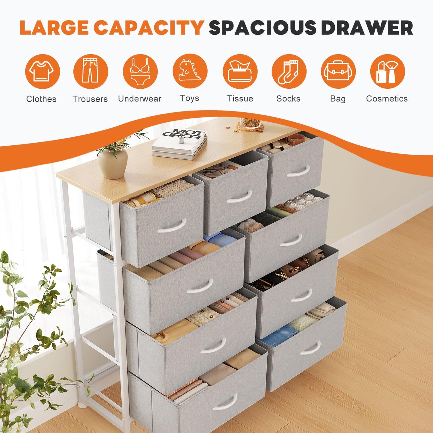 Sweetcrispy 9 Drawer Fabric Dresser Storage Tower Organizer, Light Grey