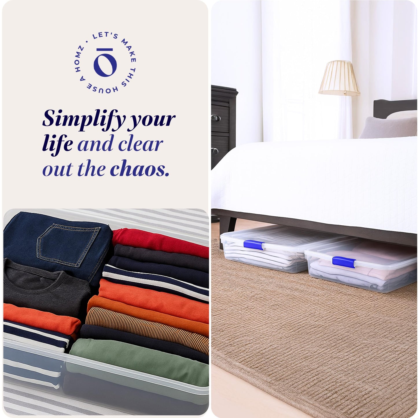 HOMZ 2-Pack Under Bed Storage, Clear Plastic Containers with Lids, 56 Quart, Blue Latch - Stackable