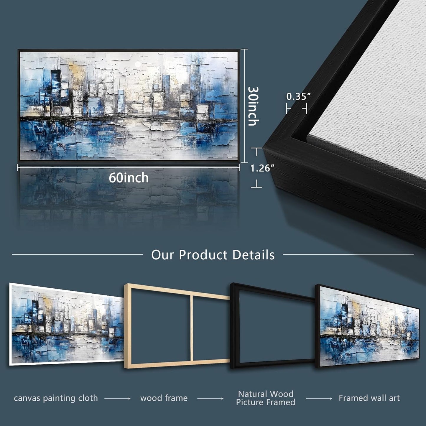 ZUITINGHUA Black Framed Canvas Wall Art For Living Room Large Wall Decor For Office Bedroom Decorations Blue Landscape Pictures Abstraction Paintings Artwork Aesthetic Mural Home Decor 30x60 In