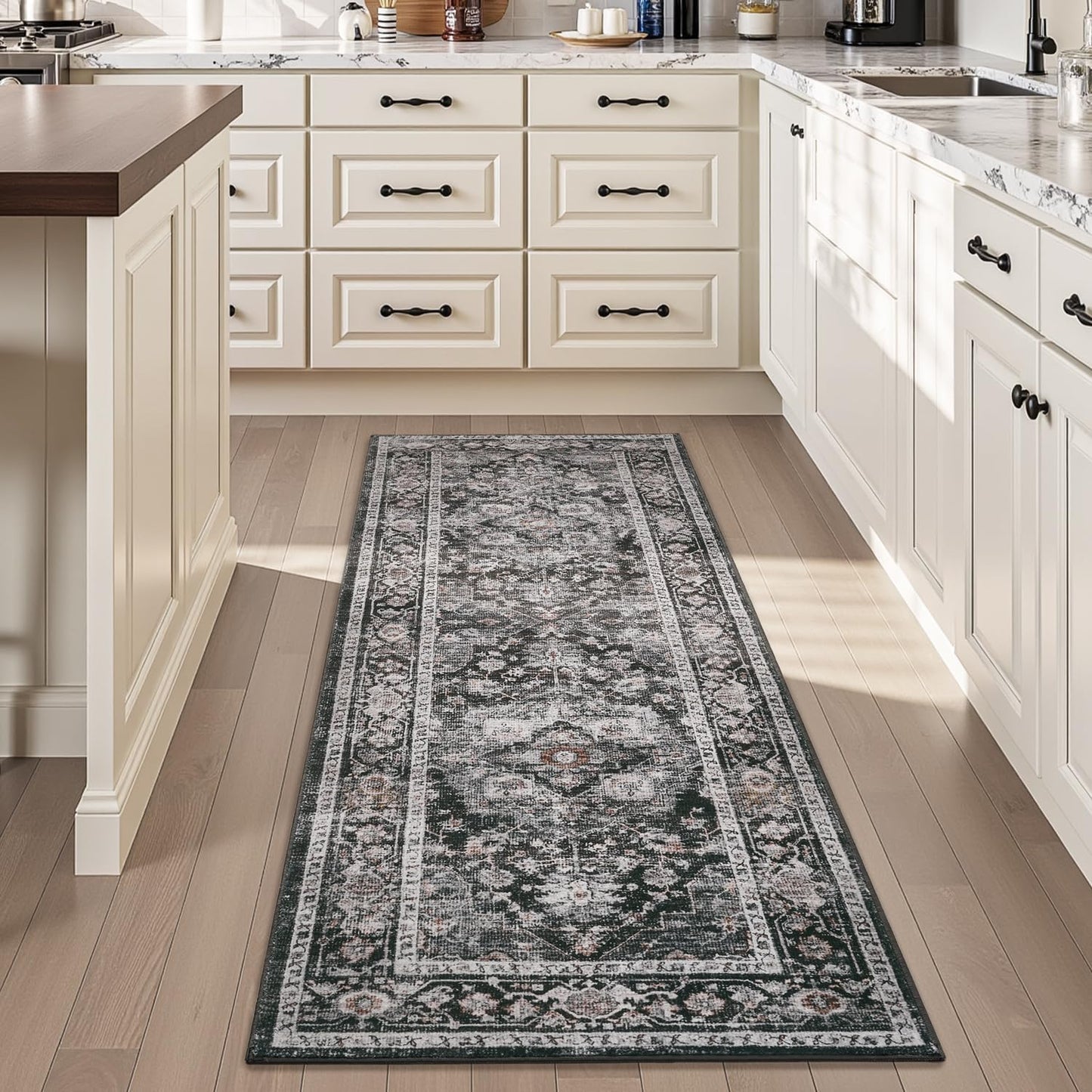 AMOAMI-2X10 Runner Rug-Washable Runners for Hallways-Soft Non Slip Bedside Rugs for Bedroom-Vintage Long Rug for Hallways Entryway Laundry Room Stair Kitchen Bathroom Dark Grey & Black