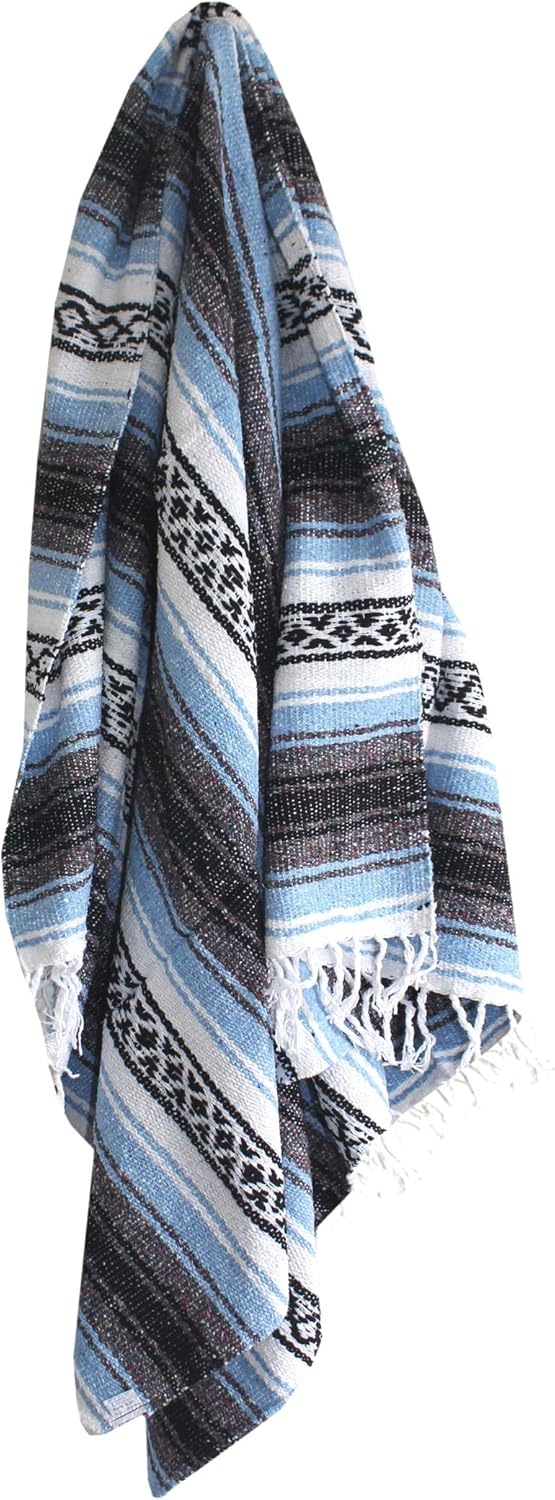 Del Mex Classic Mexican Blanket, Large Authentic Woven Falsa Throw (70"x50"), Artisan Southwest Décor for Beach, Yoga, Outdoors (Light Blue)