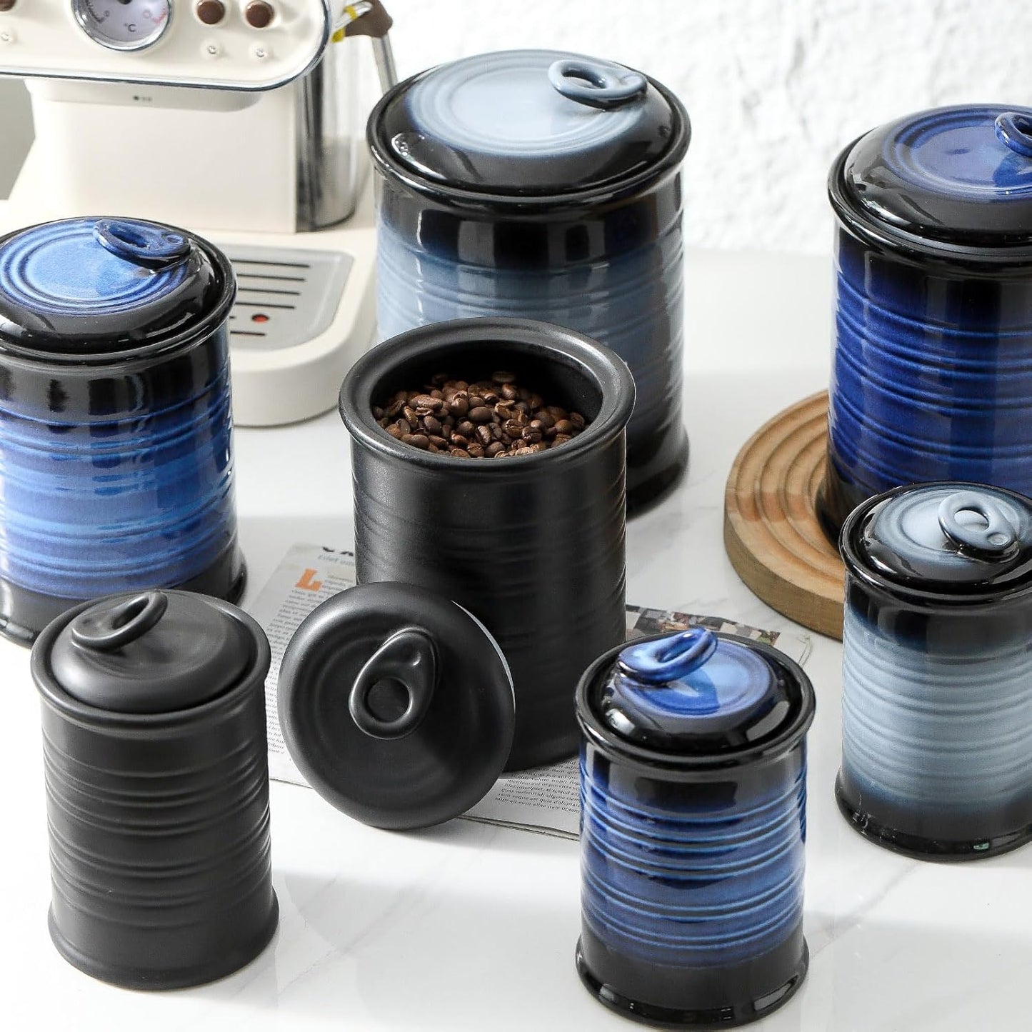 Nihow Food Storage Jar Sets: Ceramic Container with Air Tight Lid for Flour/Sugar/Rice/Coffee/Cookies/Candy - Seal Damp-proof Canister for The Kitchen Counter - Set of 4 (Matte Black)