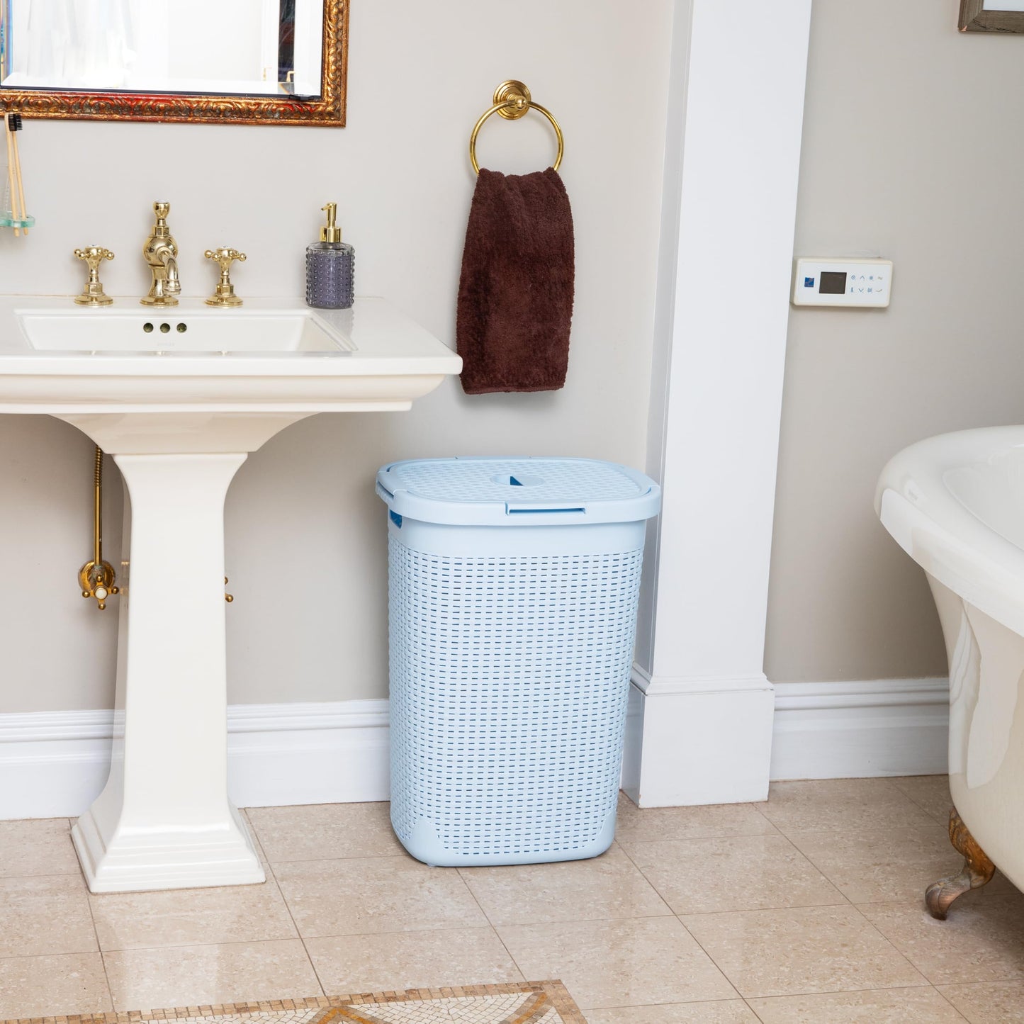 Mind Reader Slim Laundry Hamper with Lid, 60L Tall Clothes Basket, Narrow Tapered Design for
