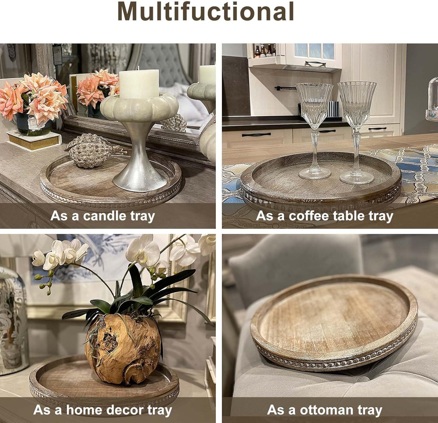 Round Wood Decorative Tray - Brown Washed Bead Tray for Coffee Table Wood Serving Tray Wooden Trays Decor Kitchen Counter Circle Tray Vintage Centerpiece for Living Room Candle Holder (15.75 inch)