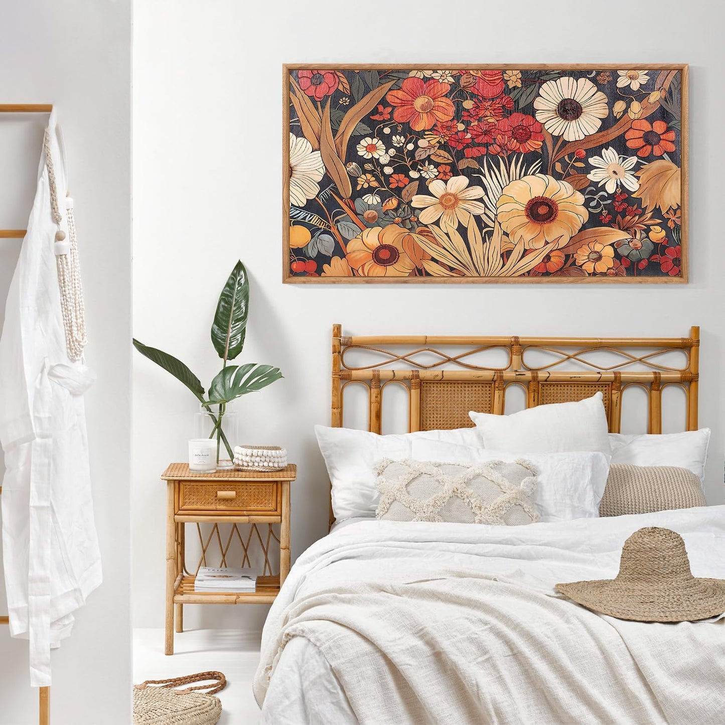 Aurlan Boho Burnt Orange Terracotta Wildflowers Framed Wall Art(40"x20"), Abstract Floral 3D Textured Canvas Artwork, Large Modern Vintage Botanical Nature Art Wall Decor for Home Office Living Room Bedroom