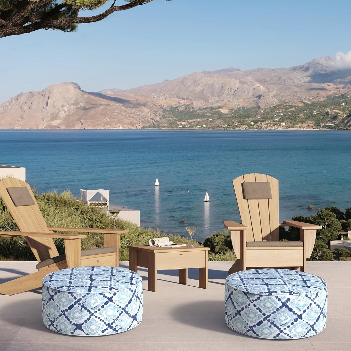 Inflatable Ottoman Stool D21 xH9 for Outdoor/Indoor Use, Water Repellent Patio Foot Rest with Portable Handle,Round Pouf Ottoman Suitable for Garden,Deck and Camping - Boho Geometry Blue