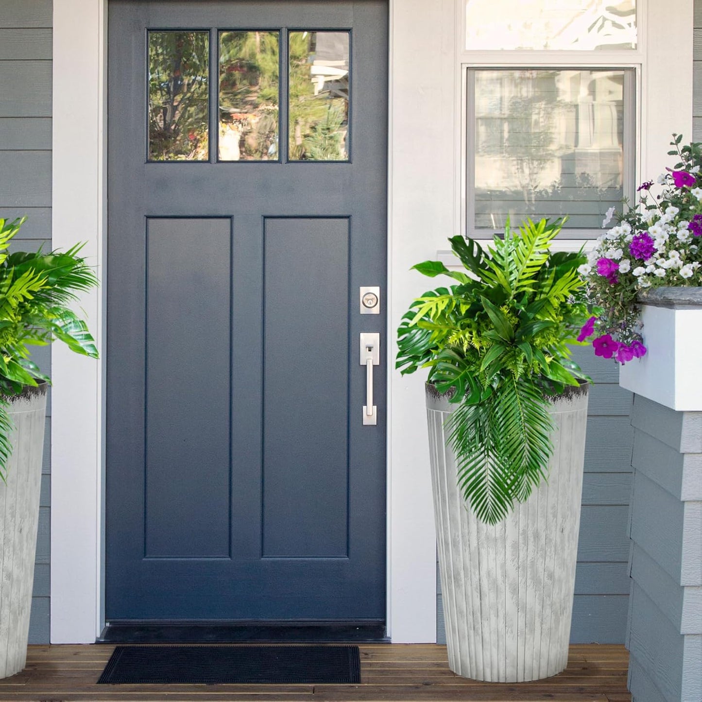 Worth Garden 22.5" H. Plastic Planters - Set of 2 Silver Color Tall Conical Plant Pots for Indoor Outdoor Use - Decorative Lightweight Flower Pots for Front Porch, Patio, Deck - 12.5" Dia x 22.5" H