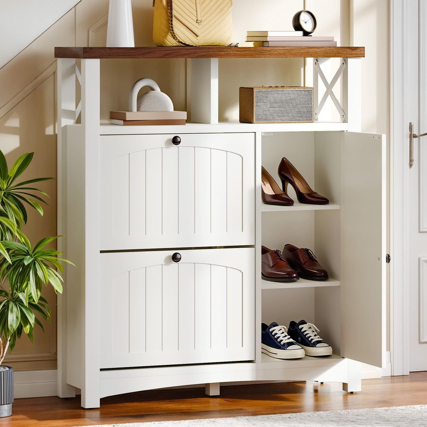 DWVO Farmhouse Shoe Cabinet with 2 Flip Drawers