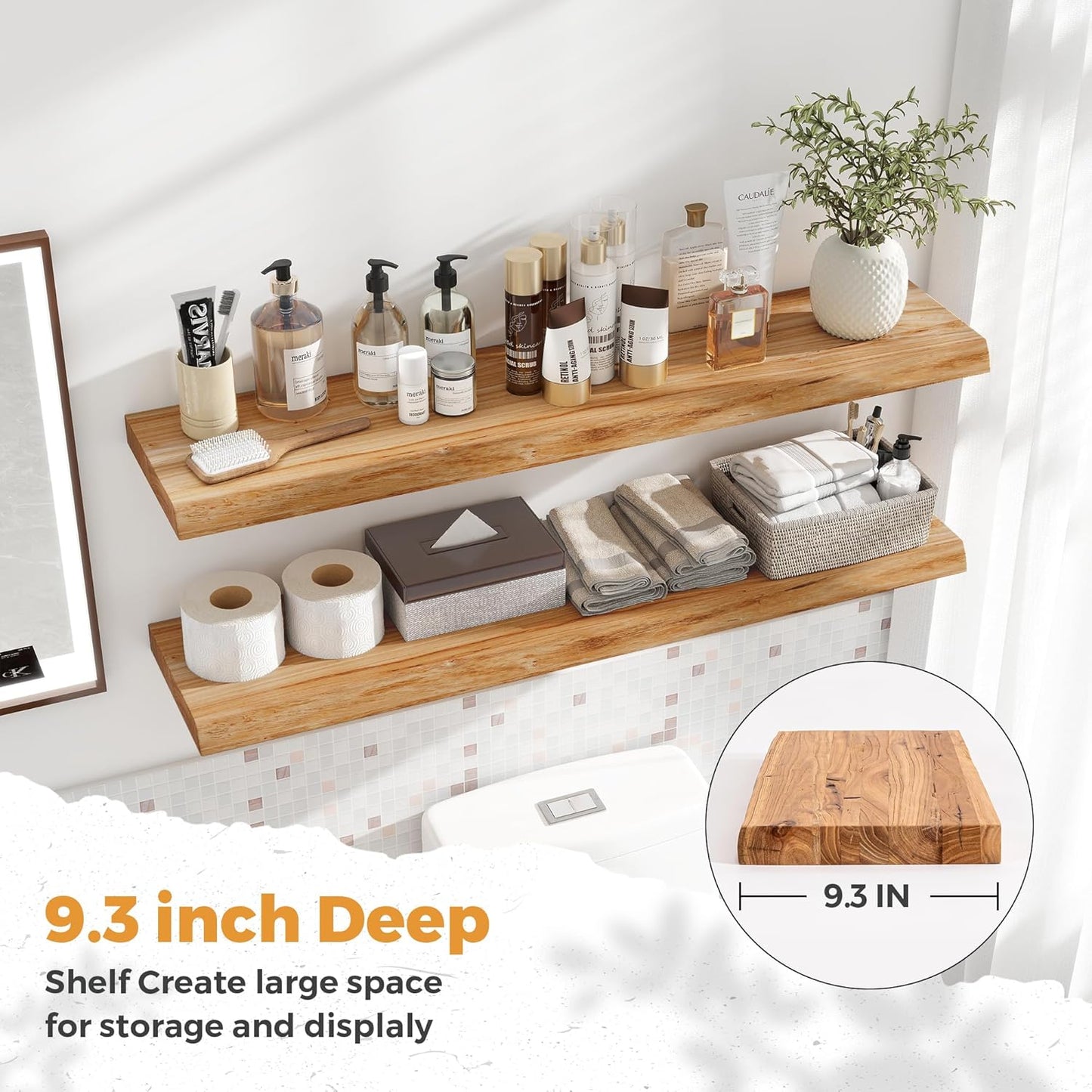 RICHFOCUS Live Edge Elm Floating Shelves - 40" W x 9.3" D Rustic Solid Wood Wall Shelves with Invisible Bracket, Wall-Mounted for Living Room, Bedroom, Kitchen Storage & Display, Set of 2, Natural