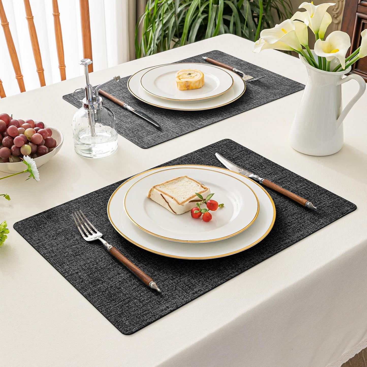 Romanstile Reversible Vinyl Placemats Set of 8, Faux Leather 100% Waterproof Oil-Proof Wipeable Place Mats, Heat Resistant Dual Sided Table Mats for Kitchen/Dining/Party (Grey Black, 12 x 17 Inch)