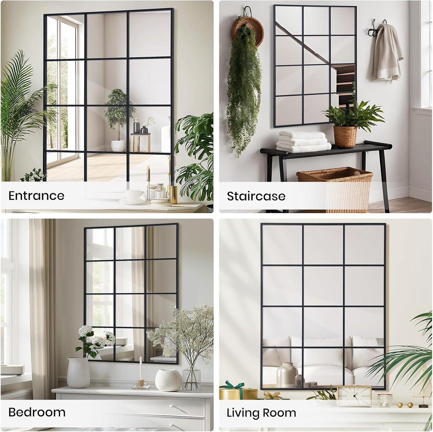 Windowpane Wall Mirror 30"x48" Black Wall Mounted Art Pane Mirror Farmhouse Decorative Mirror Leaning Hanging Wall Mirror for Bedroom Living Room Entrance Hallway Wall Decor