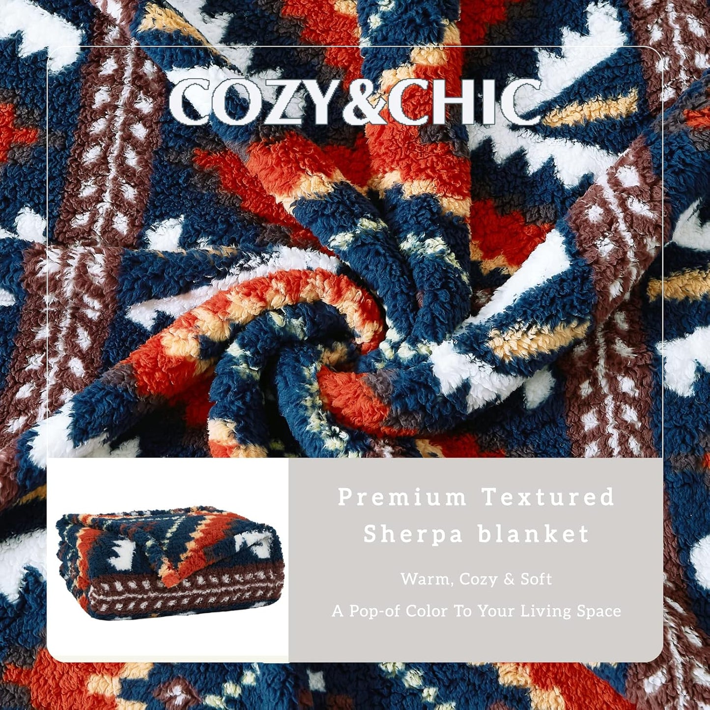 CASAAGUSTO Boho Sherpa Throw Blanket, Aztec King Size Blanket, Ultra Soft, Warm, Cozy, Plush, Thick Fleece Bohemian Throw Blanket for Couch, Bed, Sofa (Navy 108 * 90 Inch)