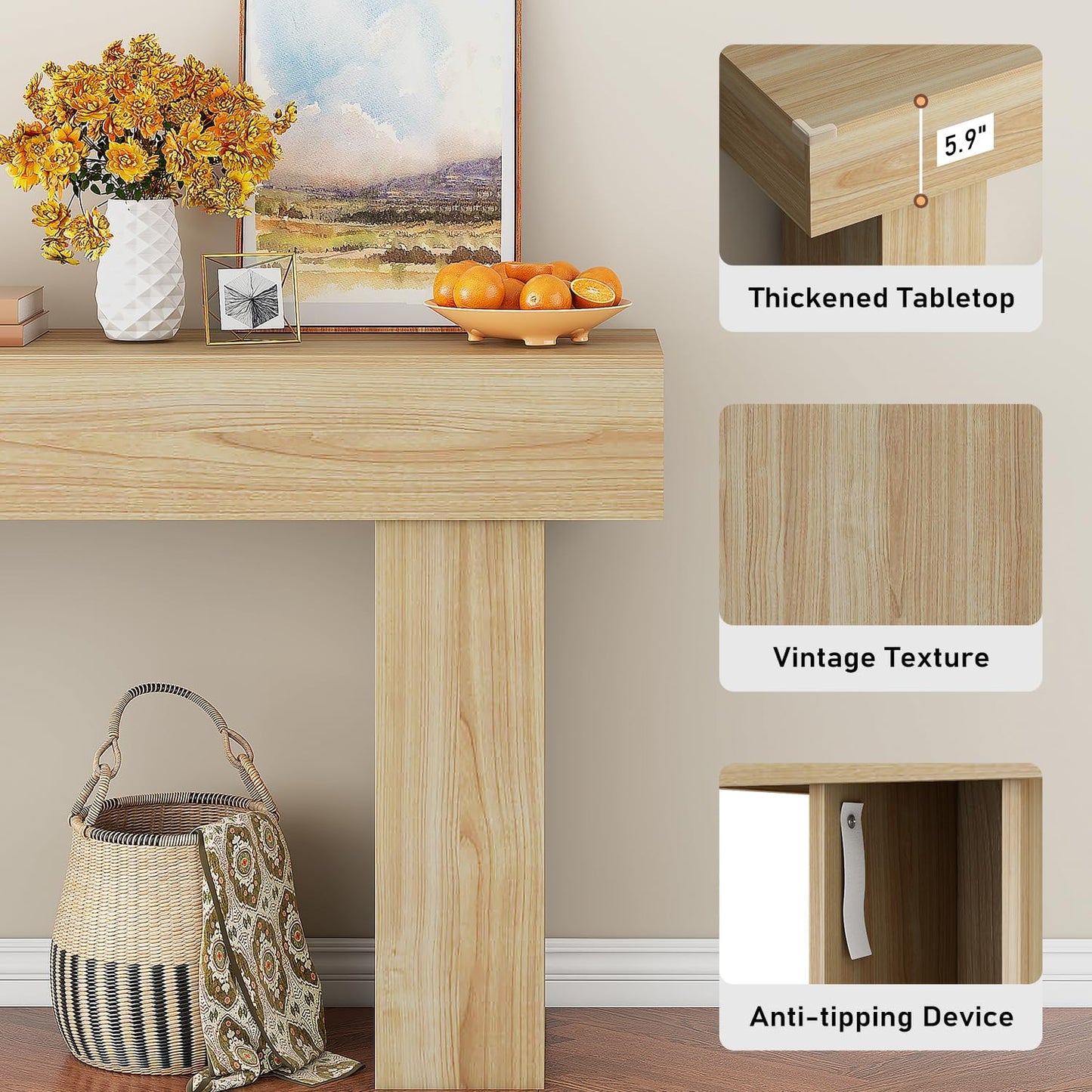 63 Inch Long Console Table for Entryway, Farmhouse Wood Rectangular Sofa Table Behind Couch Table, Narrow Entryway Table for Living Room, Entrance, Hallway, Foyer, Easy Assembly (Natural)