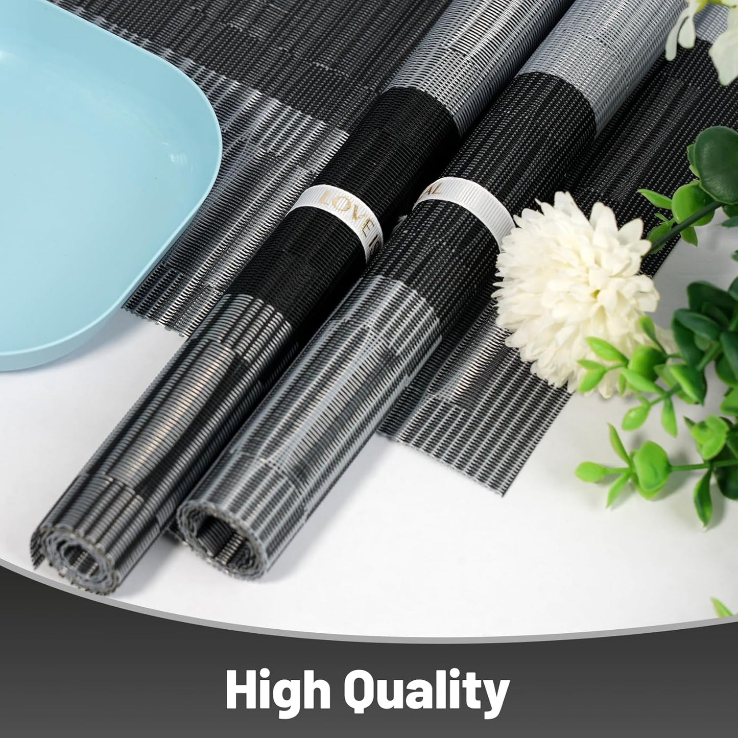 Placemats Set of 6,Non-Slip PVC Weave Table Mats Easy to Clean,Heat Resistant Place Mats for Kitchen Dining Table Decoration Indoor Outdoor,Black Gray