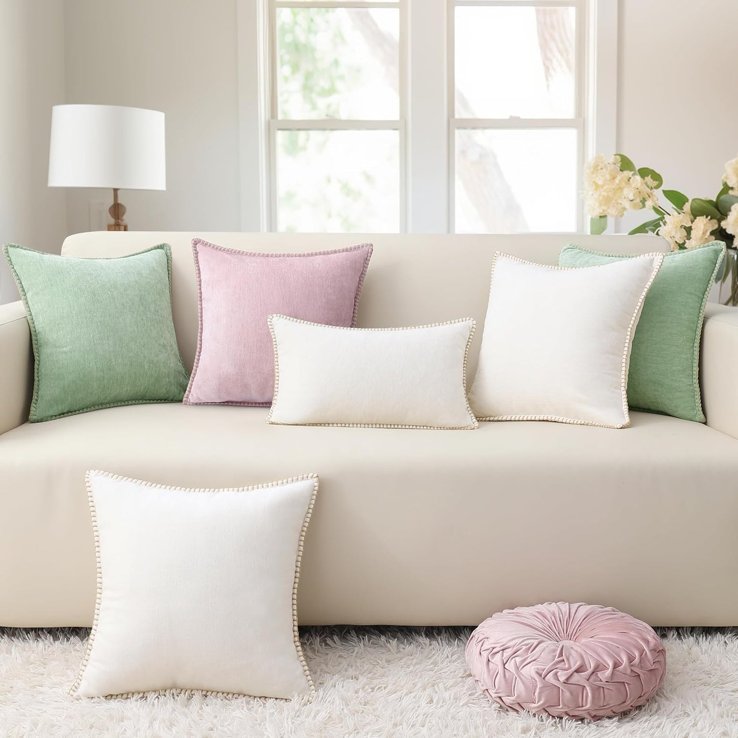 decorUhome Chenille Soft Throw Pillow Covers 18x18 Set of 2, Farmhouse Velvet Neutral Decorative Euro Pillow Covers with Stitched Edge for Couch Sofa Bed Home Decor, Blush Pink