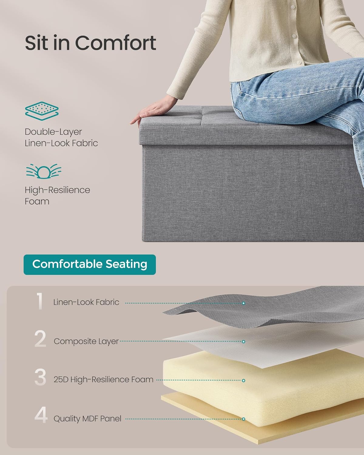 SONGMICS MAZIE Collection - 30 Inches Folding Storage Ottoman Bench, Ottoman Foot Rest, End of Bed Bench, Storage Chest, Load 660 lb, for Living Room, Bedroom, Entryway, Light Gray ULSF47G