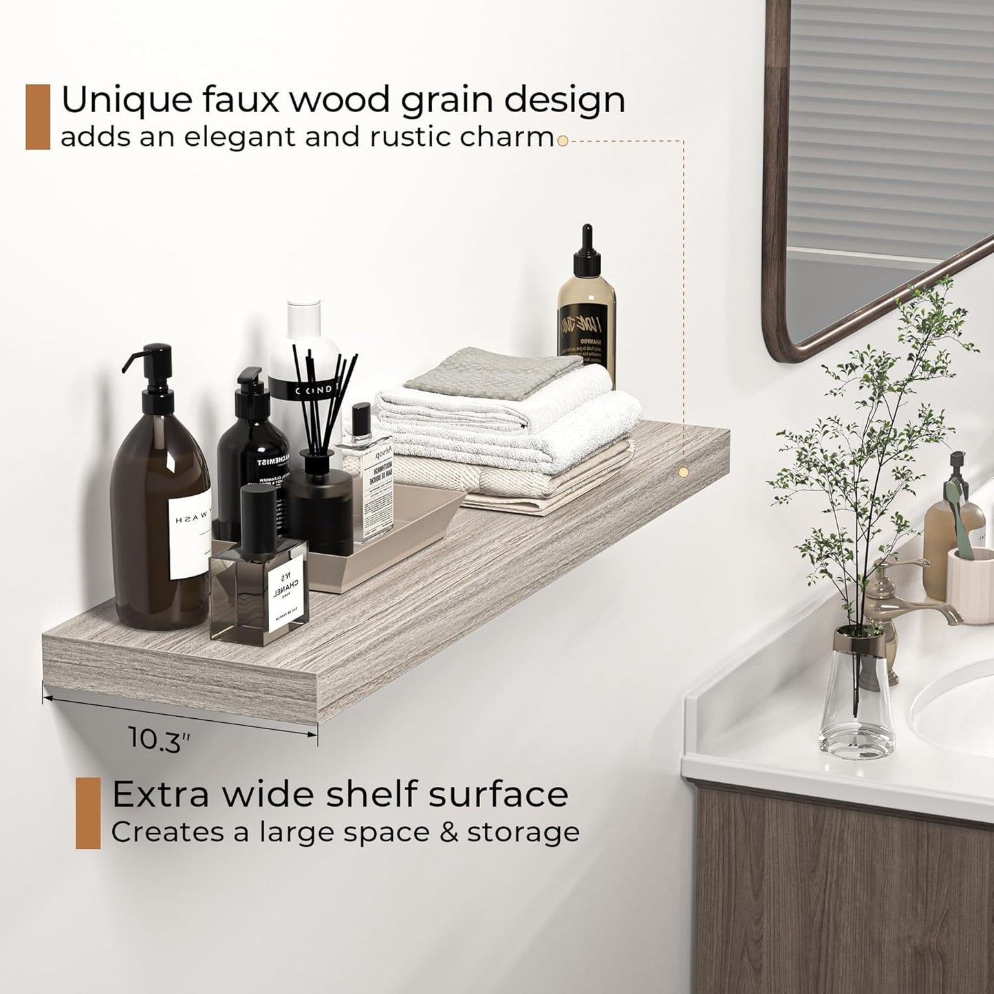 Floating Shelves - 10.3 Inch Deep Wall Shelf for Decor & Storage - Wall Mounted Display Shelving with Invisible Heavy-Duty Metal Bracket - 36" W x 10.3" D x 1.8" H - Set of 1 - Rustic Grey