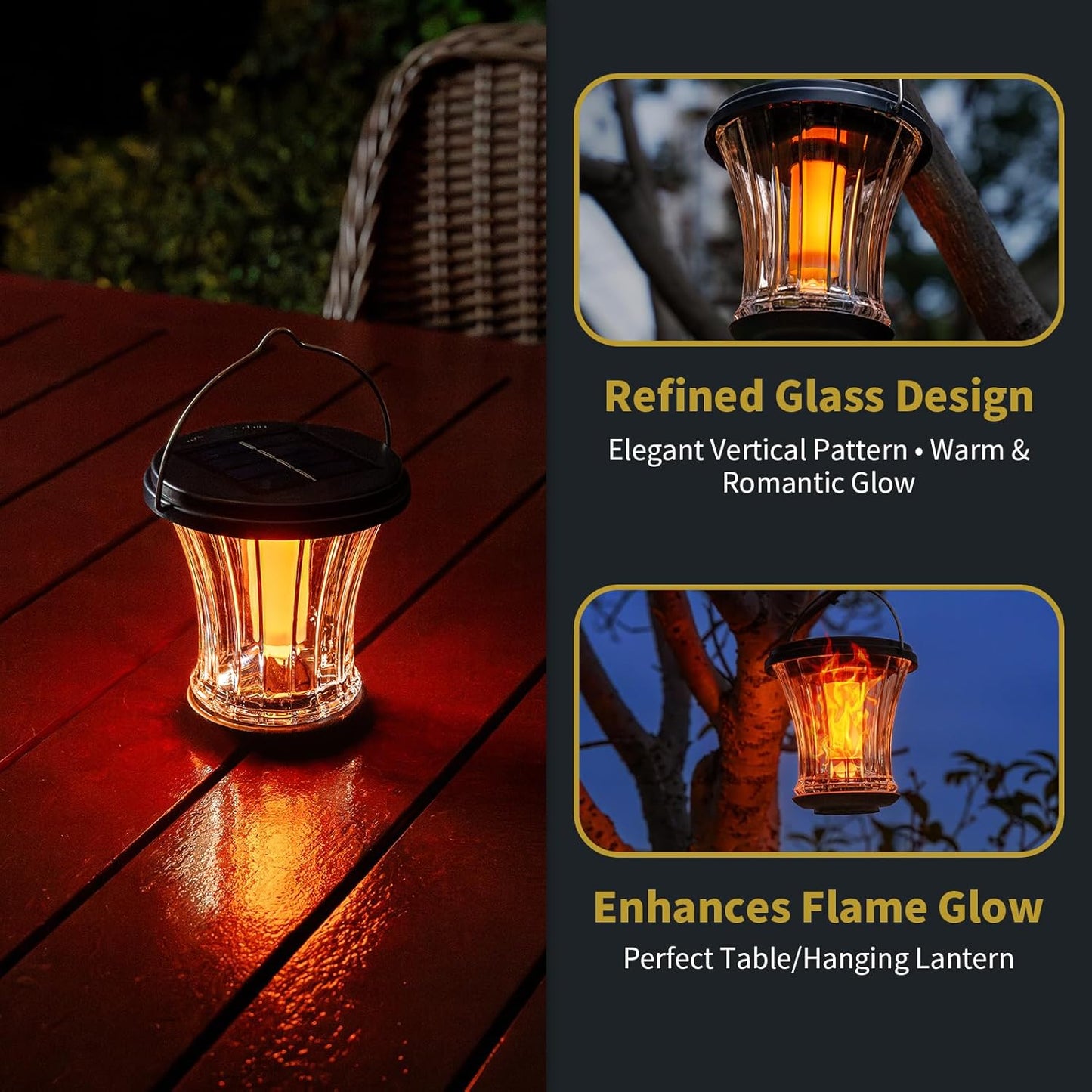 Glass Solar Lantern Outdoor Lights Waterproof, Flickering Flame Solar Lights with Modular Design, Auto On/Off Decorative Hanging Lanterns for Patio Garden Pathway Camping Deck Yard (2 Pack)