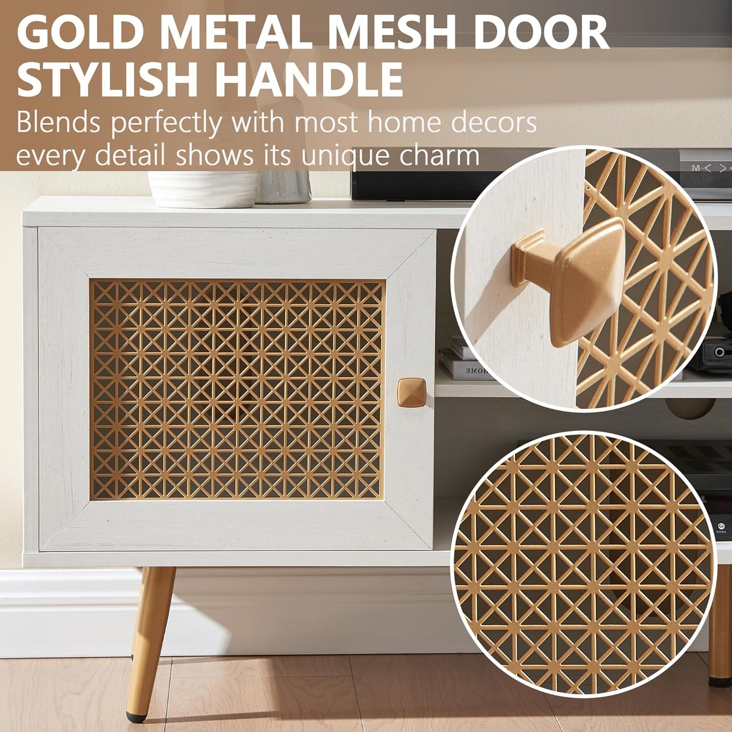 JYED Mid Century Modern TV Stand with Metal Mesh Doors and Open Shelf for 65" TVs,Antique White Media Console Wood Entertainment Center with Cable Holes for Living Room.59.06"x15.55"x20.87"