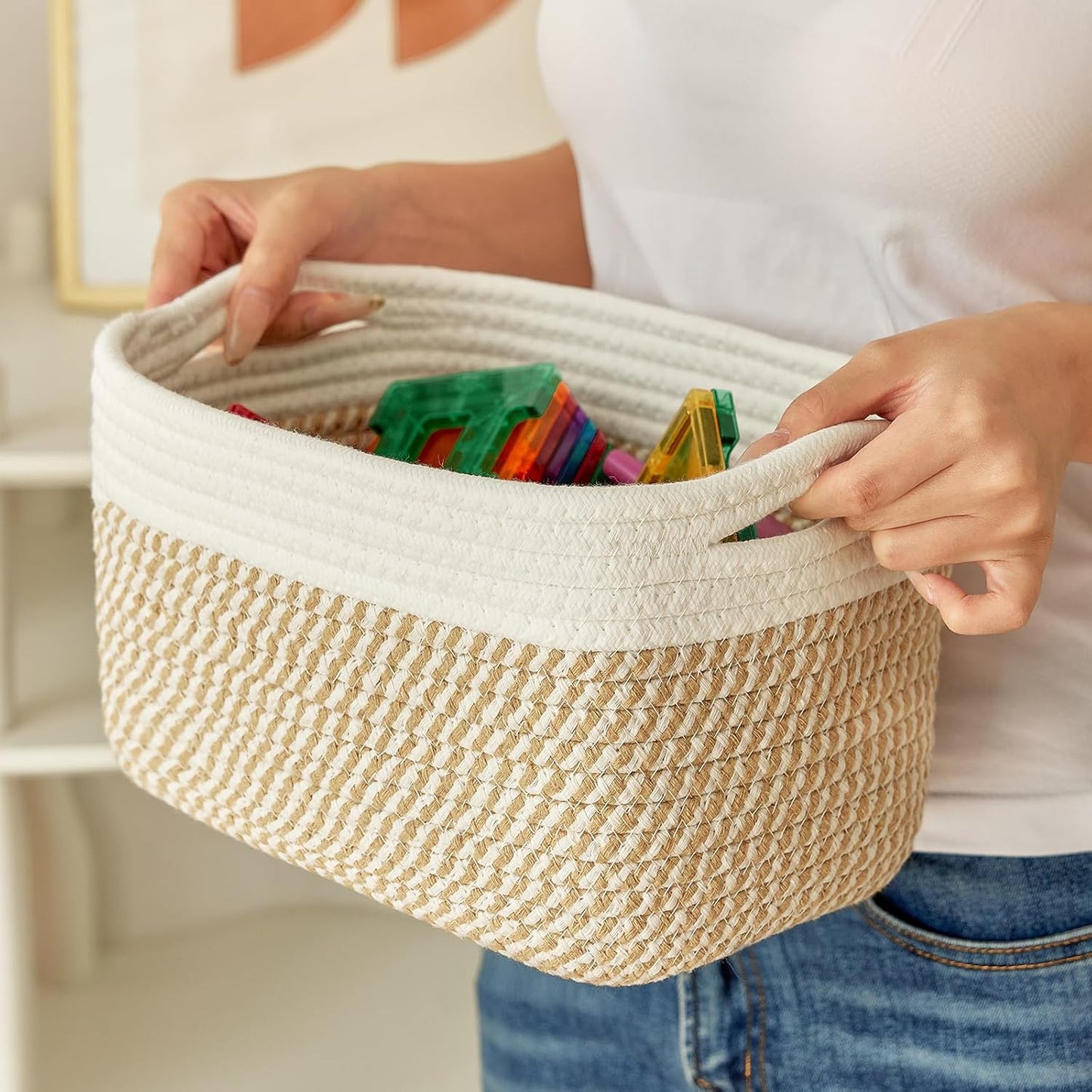 Small Cotton Rope Storage Basket Set of 3-11"x7"x7" Perfect Woven Baskets for Storage, Ideal Storage Baskets for Organizing Toys, Towels, and More - Baskets for Shelves(White & Mixed Camel)