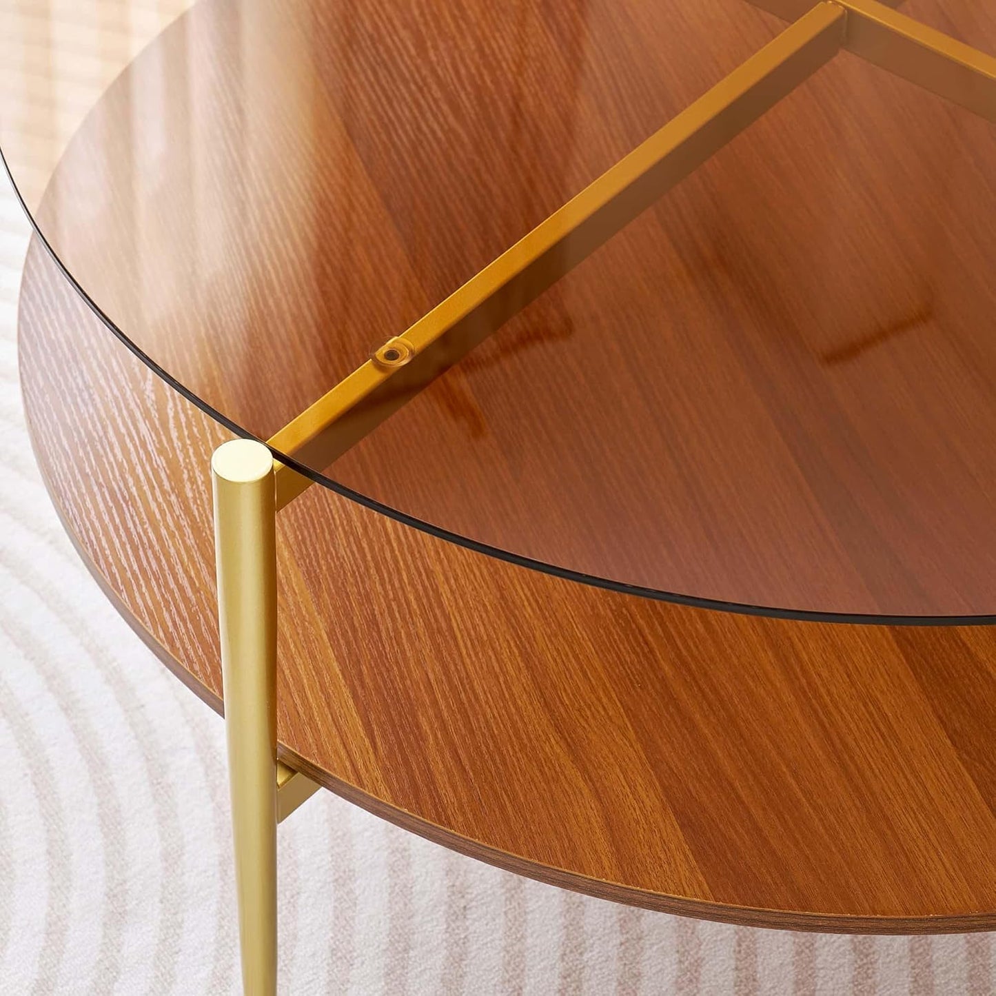 Extra Large Round Coffee Table, Mid-Century Modern Design, D34 x H17 in, for Living Room, 2-Tier Structure, Amber Glass Top and Walnut MDF Shelf, Sleek Conical Metal Legs with Gold Finish