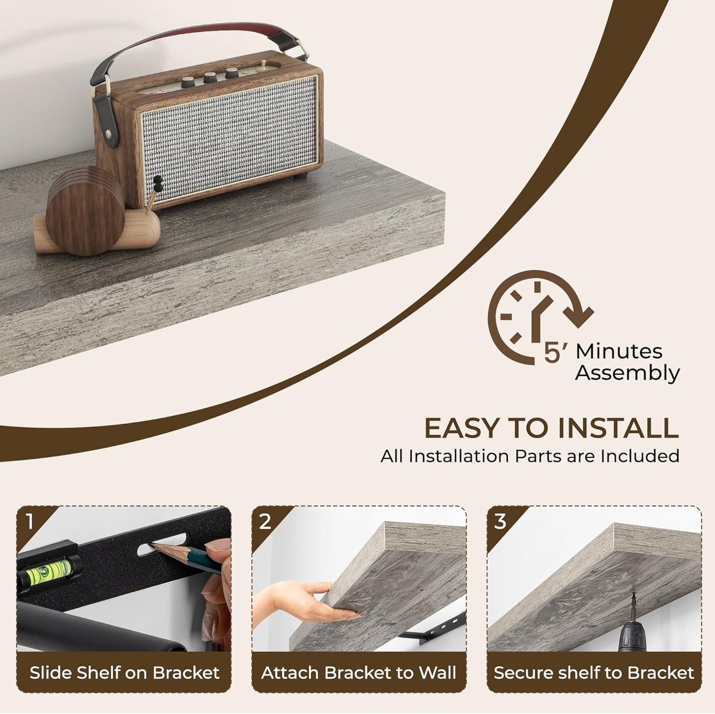 RICHFOCUS 72Inch Floating Shelves for Wall 1 Pack Shelves for Bedroom|Kitchen|Bathroom Wall Mounted Rustic Wood Floating Shelf with Invisible Brackets for Books|Storage|Decor, Grey