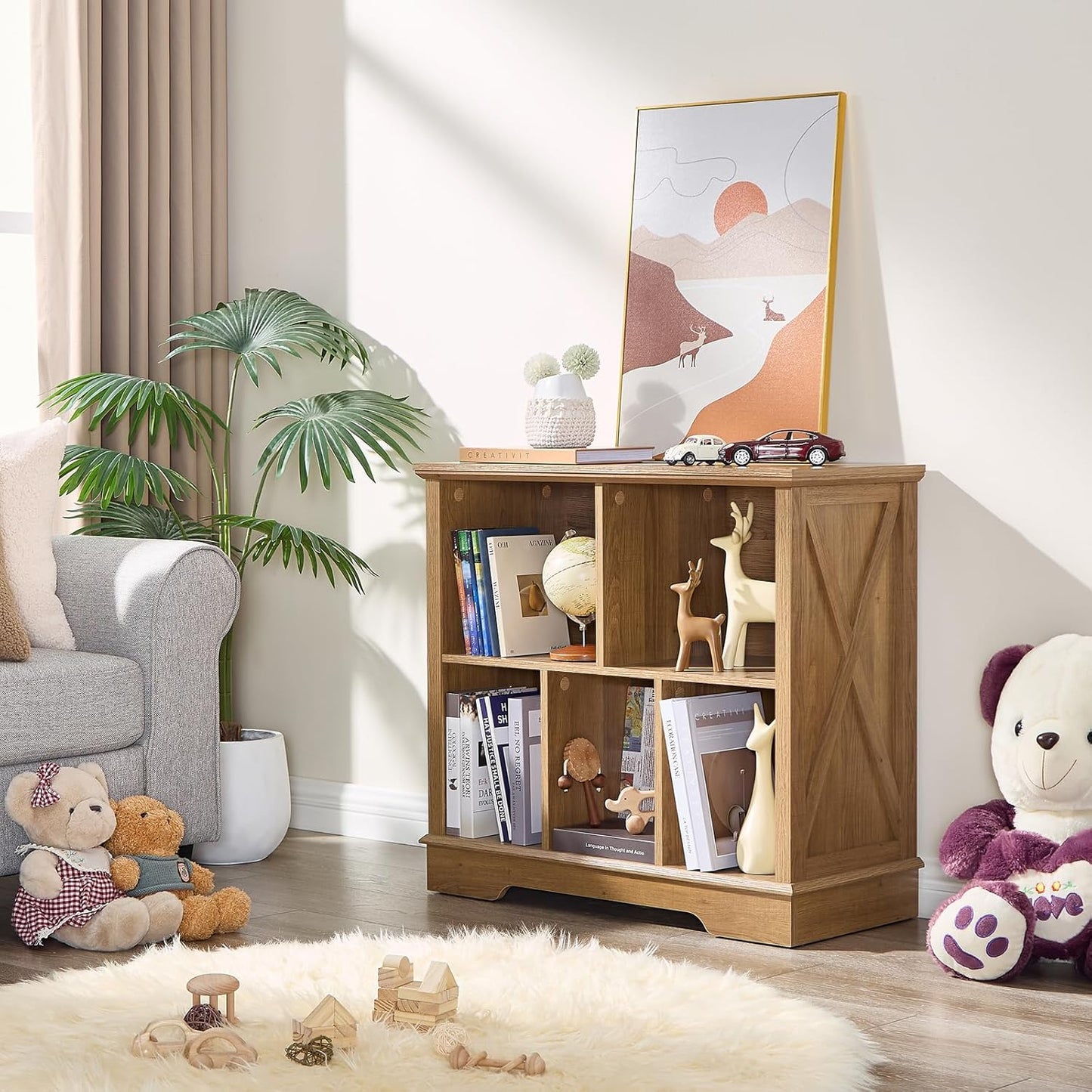 Farmhouse 5 Cube Bookshelf, Storage Organizer Bookcase, Kids Toy Storage Cabinet, Small Bookshelves Storage Organizer Shelf, Wood Display Cabinet Book Shelves for Bedroom,Living Room,Natural Oak