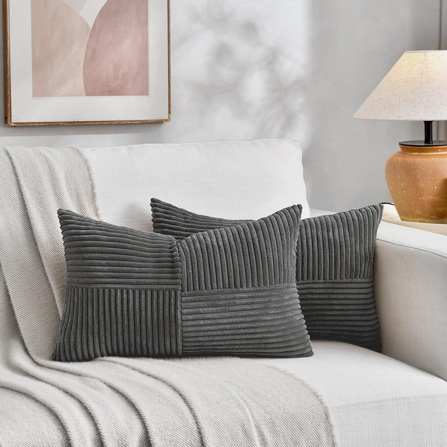 Fancy Homi 2 Packs Dark Gray Long Lumbar Decorative Throw Pillow Covers 12x24 Inch for Couch Bed Sofa, Rustic Farmhouse Boho Home Decor, Soft Striped Corduroy Rectangle Accent Cushion Case 30x60 cm