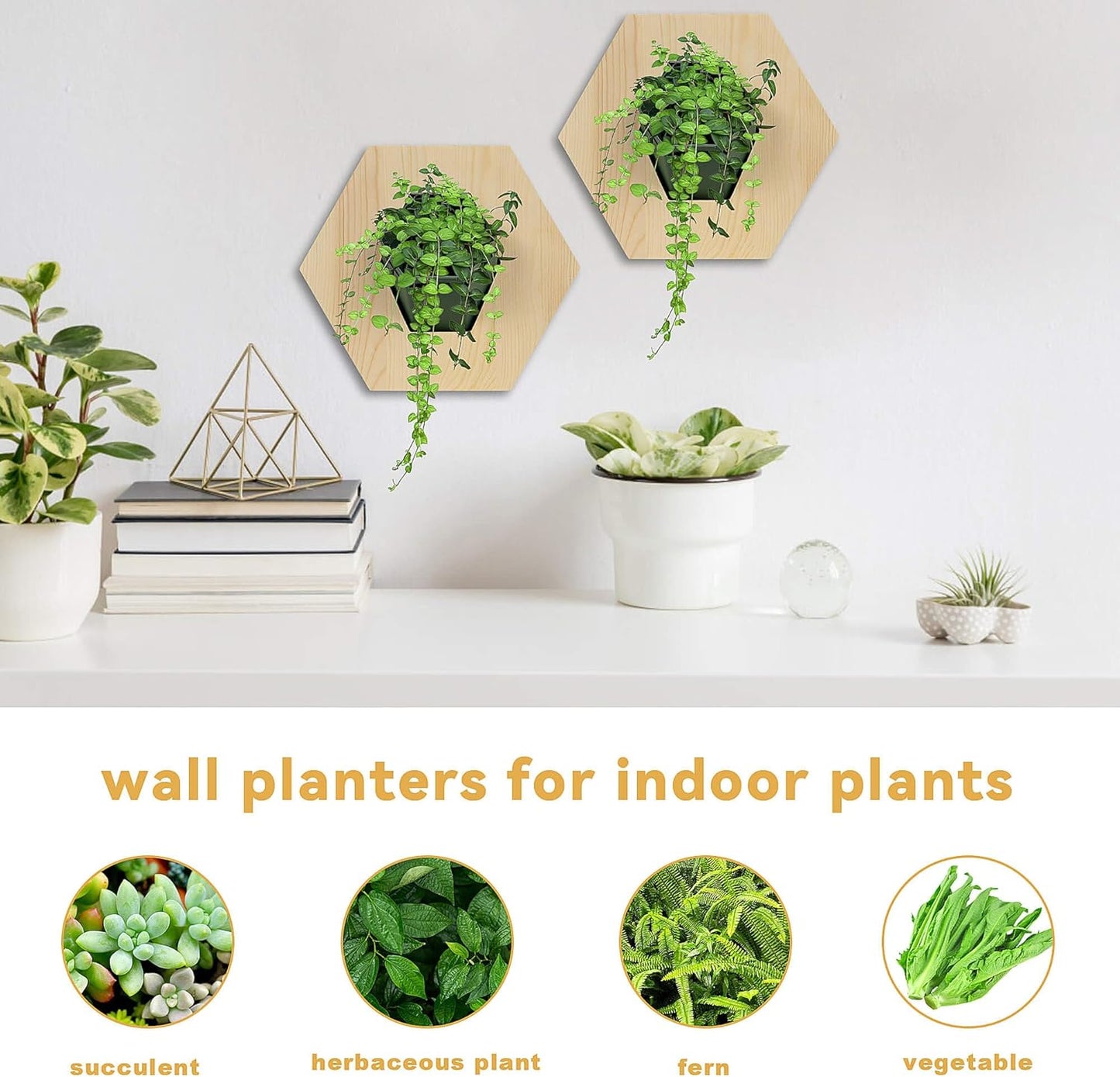 Hexagonal Wooden Wall Planter, Self Watering Living Vertical Planters Indoor, Wooden Frame Planter Wall Decoration Home Office 2pc