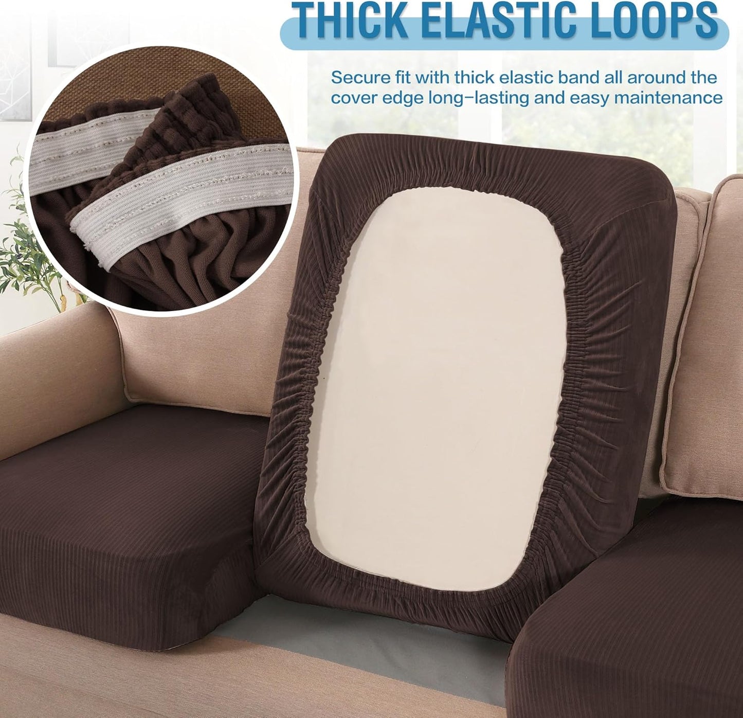 H.VERSAILTEX Velvet Stretch Couch Cushion Cover Plush Cushion Slipcover for Chair Loveseat Sofa Cushion Furniture Protector Seat Cushion Sofa Cover (3 Piece Sofa Cushion Covers, Brown Striped)