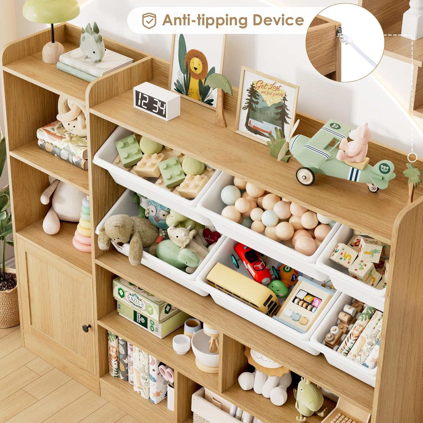 Toy Storage Organizer, 55” Wide Toy Organizers and Storage with 8 Storage Cubbies & 6 Toy Bins, Large Toy Box with Bookshelf, Playroom Storage for Playroom, Oak