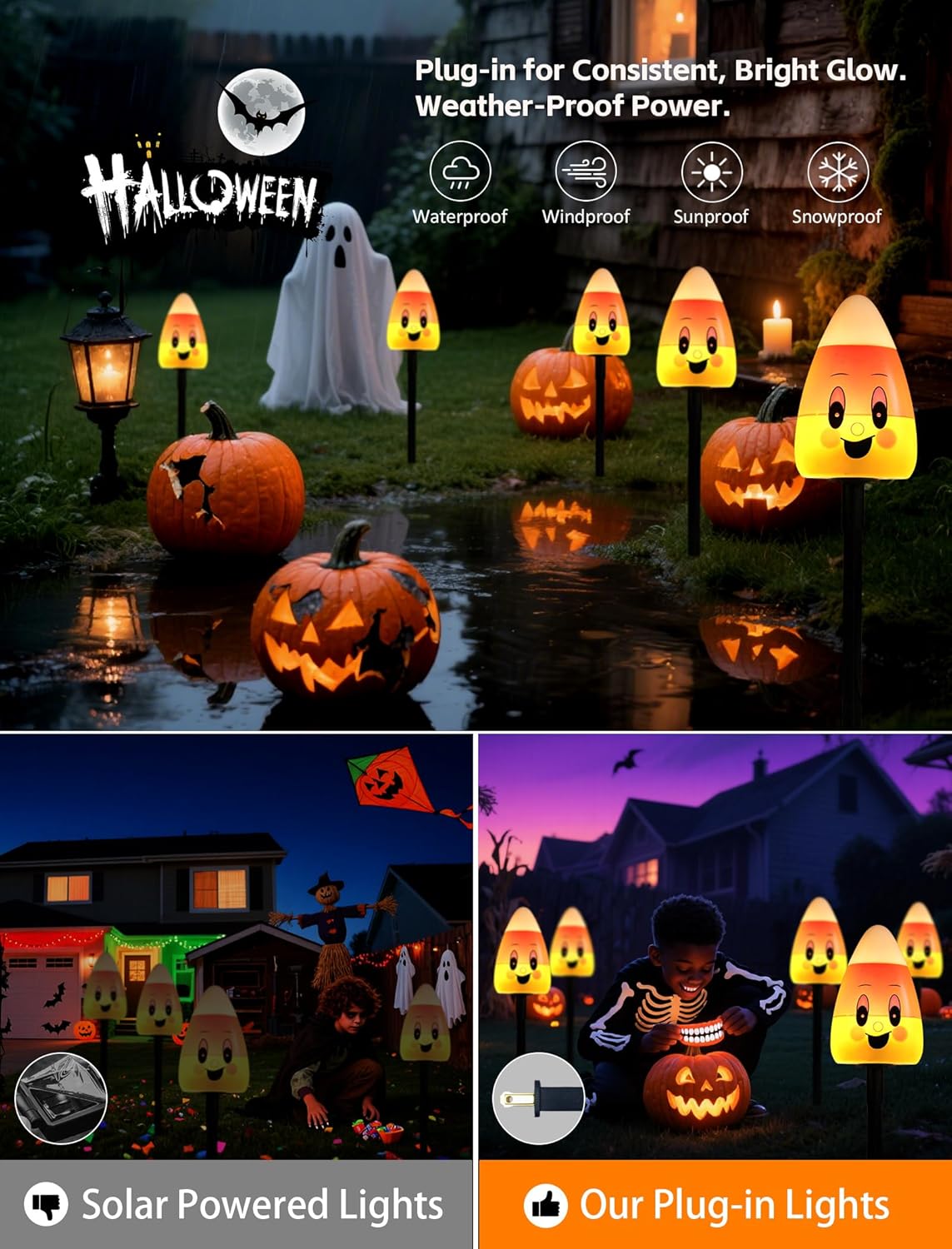 5 Pack Enchanting Candy Corn Pathway Lights Outdoor, UL Certified Plug-in Halloween Decorations, Whimsical Waterproof Yard Stakes for a Magical Trick-or-Treat Walkway & Festive Garden Party