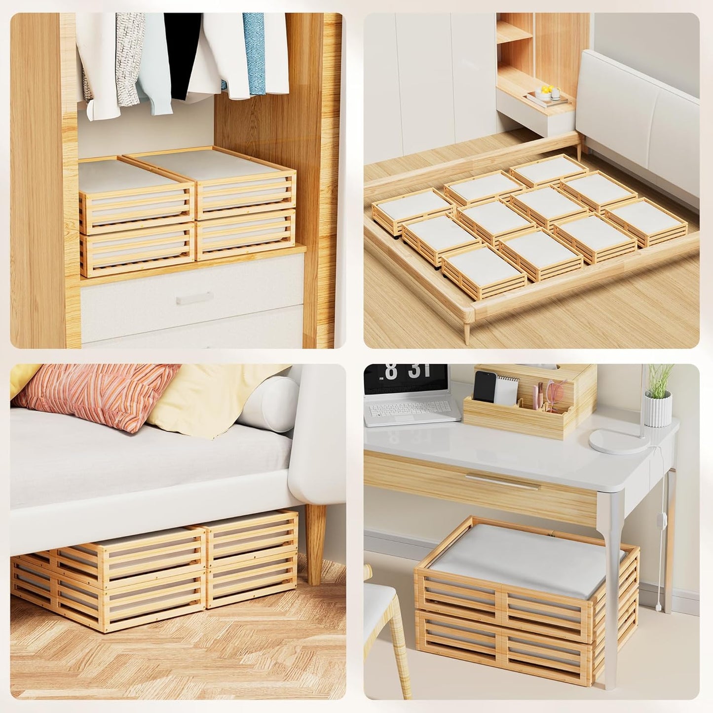 Bamboo Under Bed Storage Containers- Underbed Organizer with Wheels with Large Dust Bag,Sturdy Wood Rolling Under the Bed Shoe Storage Organizer Drawer 2 Packs (Nature, Small)