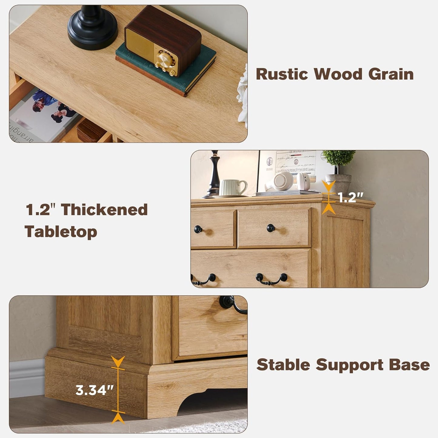 T4TREAM 6 Drawers Dresser Chests for Bedroom, 48" Tall Rustic Chset of Drawers, Wood Dressers Organizer for Bedroom, Living Room,Hallway, Natural Oak