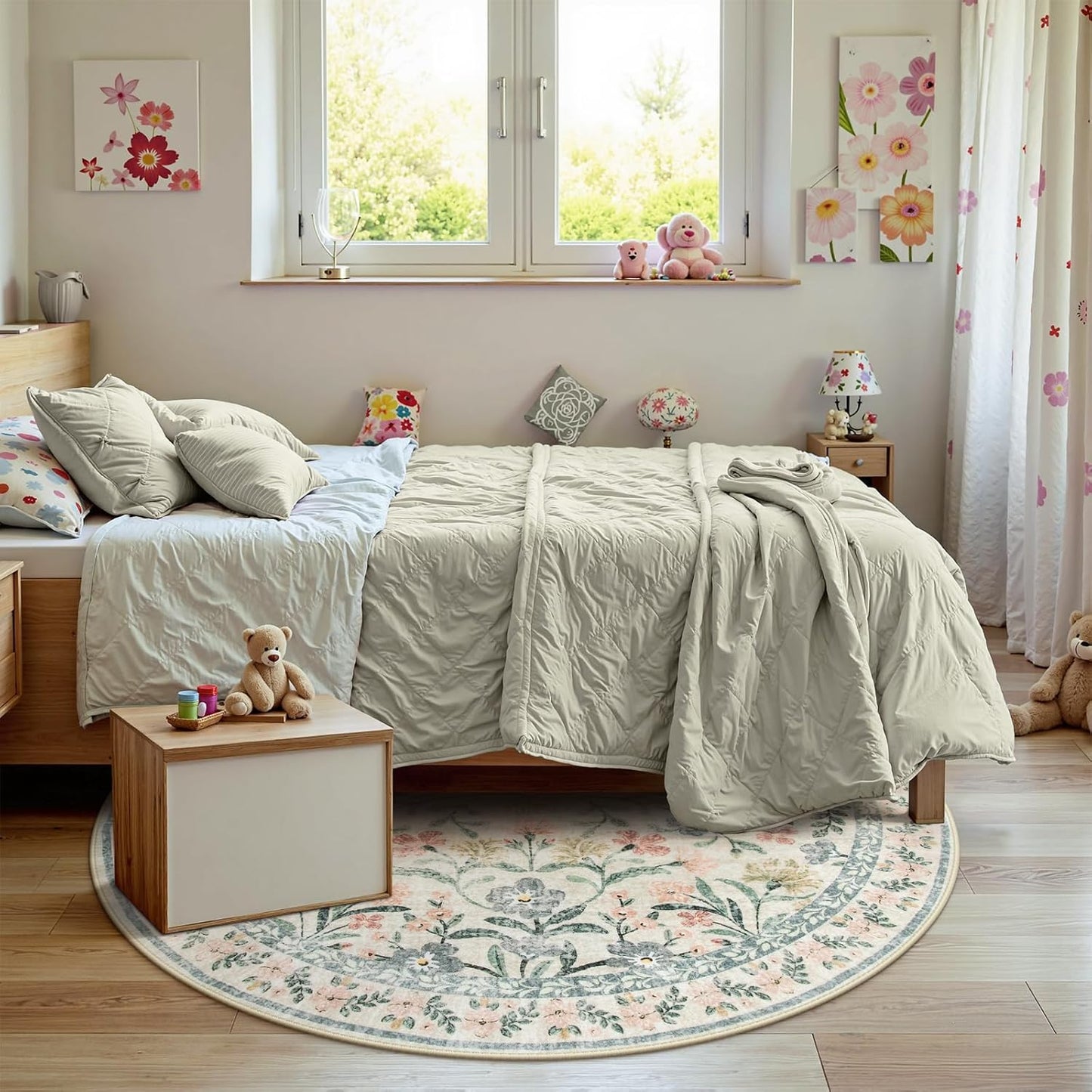 Wonnitar Round Washable Rug, Soft Floral Round Rugs 5ft Circle Carpets for Bedroom Ultra-Thin, Boho